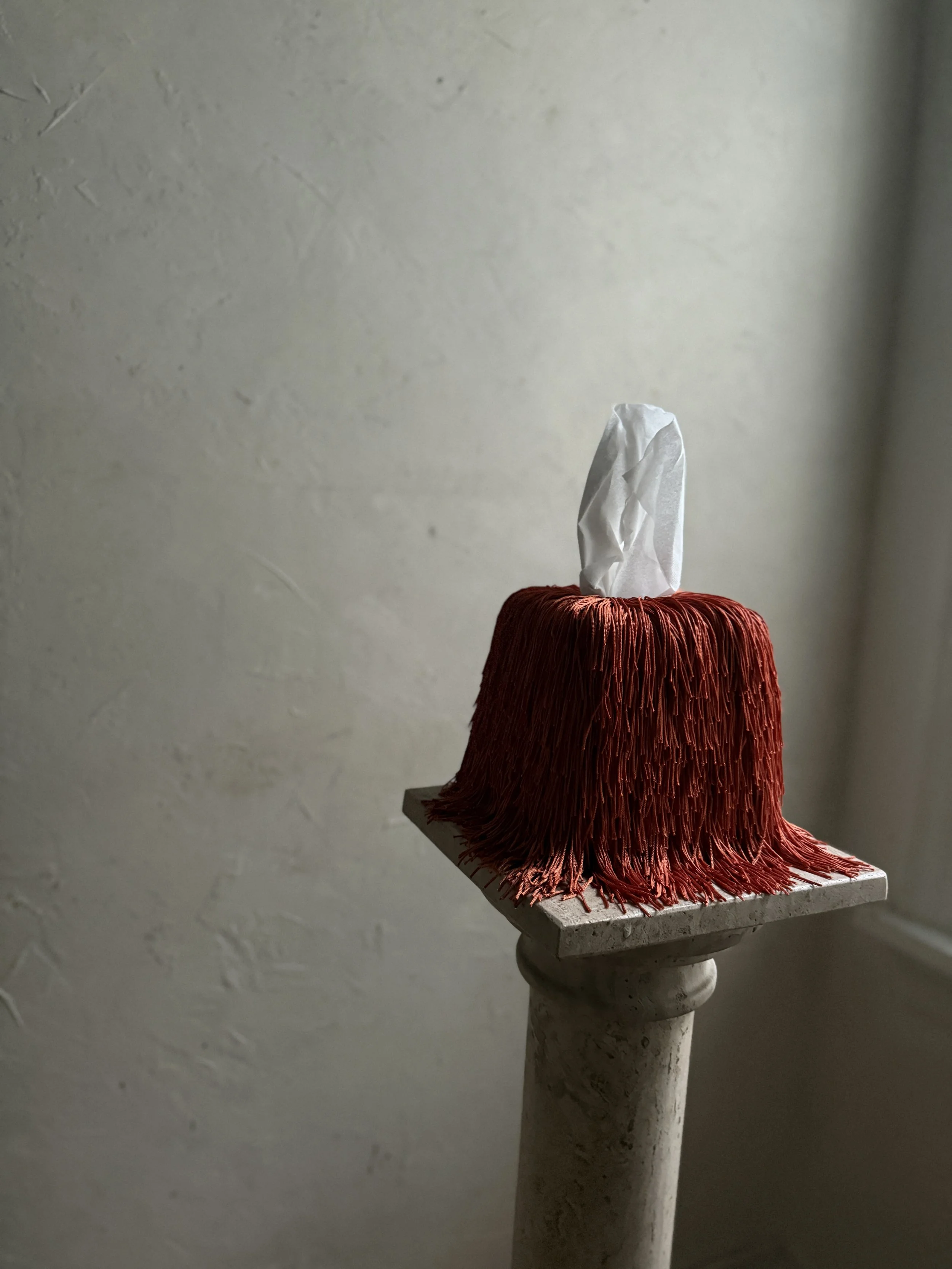 Burnt orange fringe tissue box cover, spill edit edition, sculptural handcrafted home accessory.