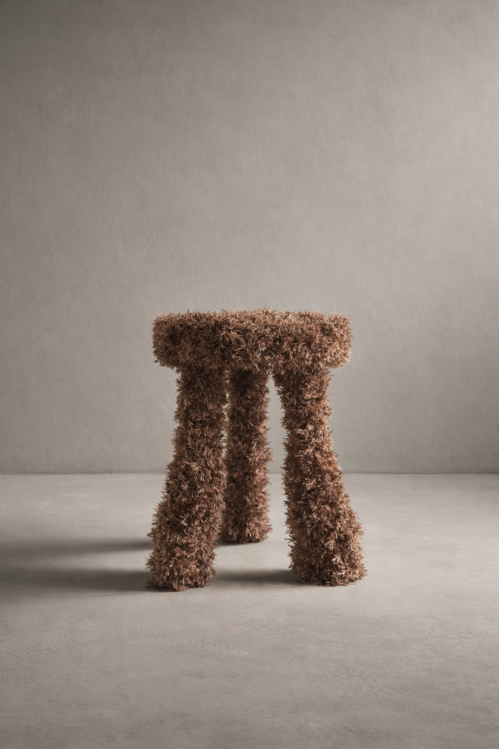 Pale Hazelnut Teddy Table, a designer sculptural accent table wrapped in warm pale hazelnut fringe