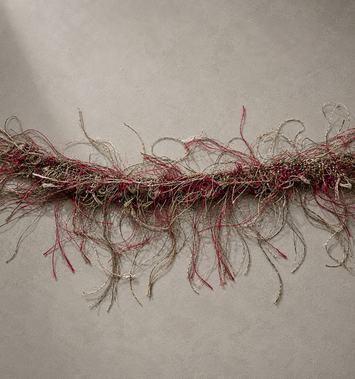 Driftwood & Merlot eyelash fringe tissue box cover wrapped in textured novelty fringe with layered neutral fibers and rich merlot accents.