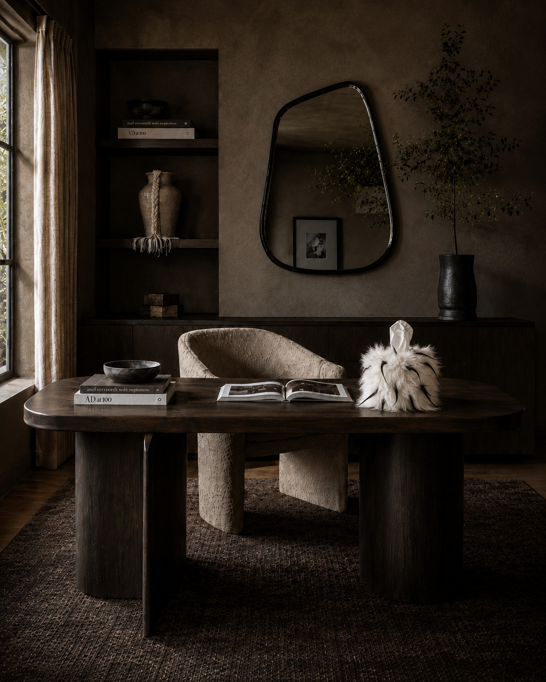 Quiet Thorn faux fur tissue box cover by Amber Renee Hansen with sculptural contrasting fibers for artful, collected interiors.