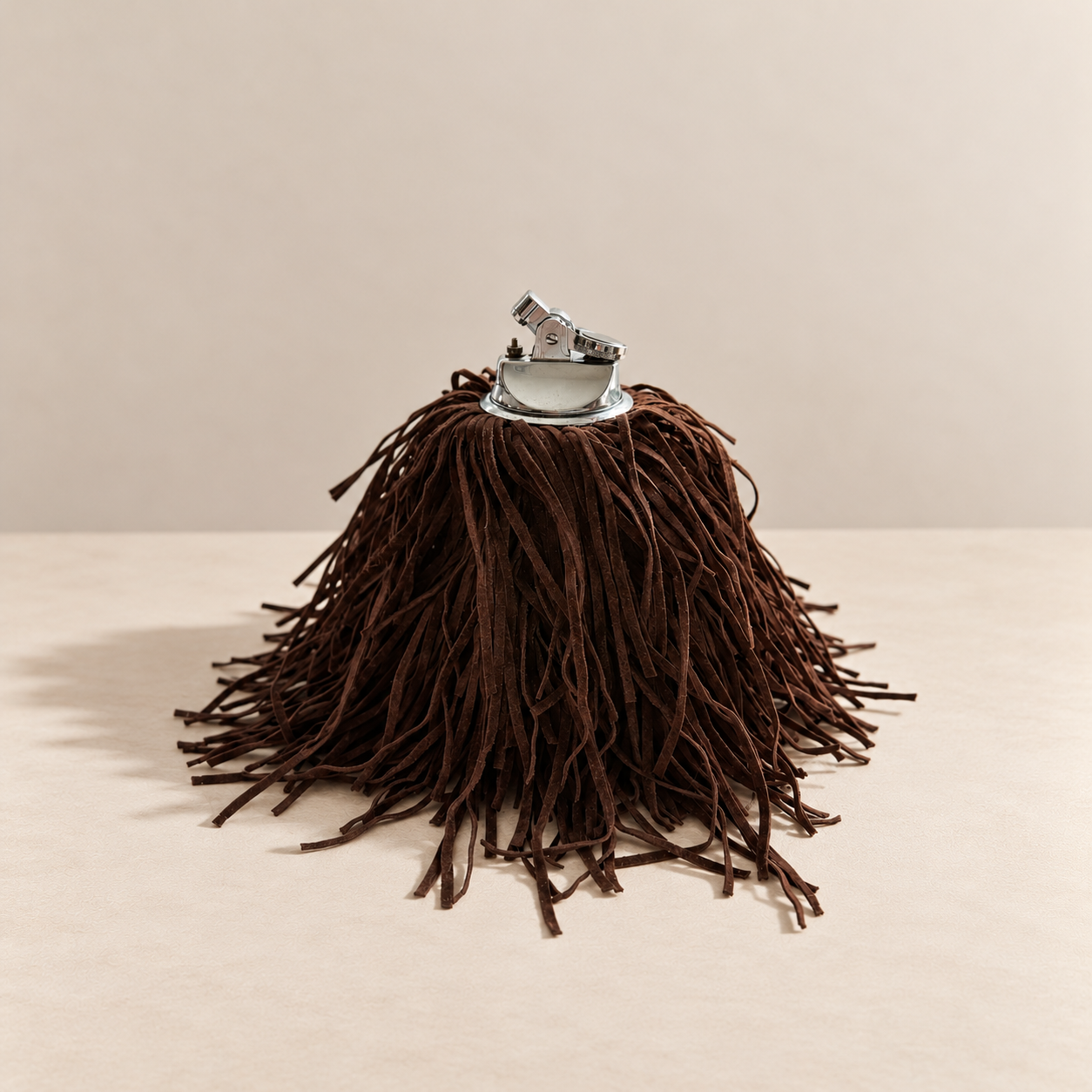 Vintage onyx lighter with aged metal hardware and cascading espresso brown fringe, reinvigorated as a one-of-a-kind decorative object by Amber Renee Hansen.