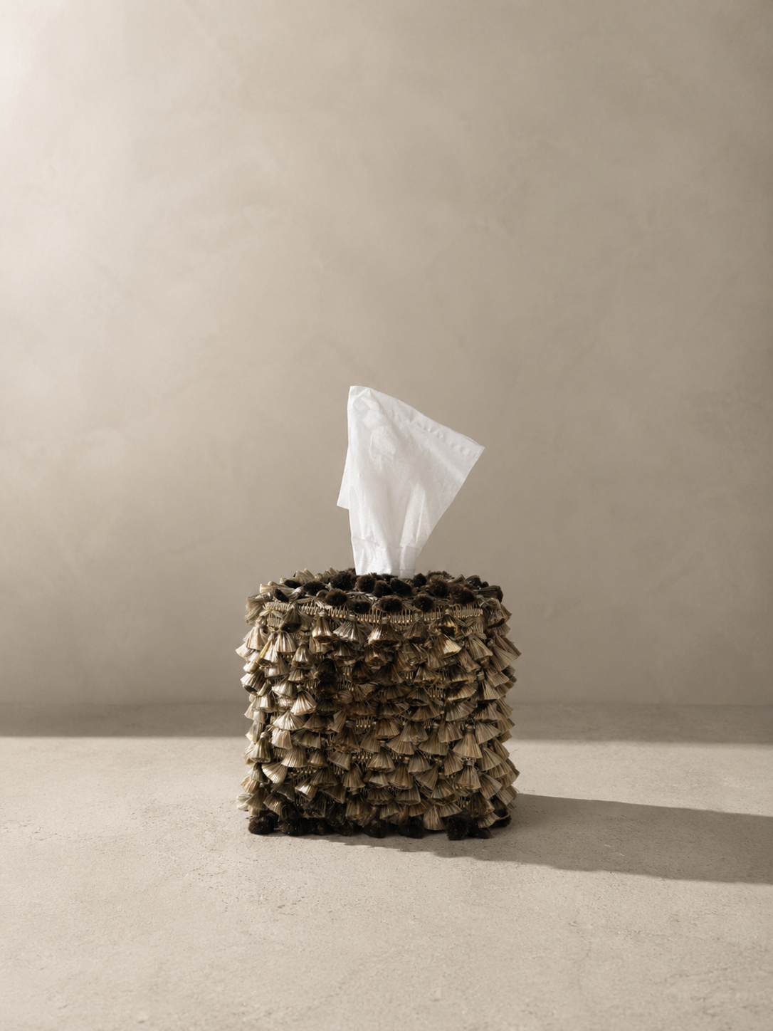 Silver Sage & Shadow Tassel Tissue Box Cover featuring layered iridescent silver sage tassels with a dark shadowed underside by Amber Renee Hansen.