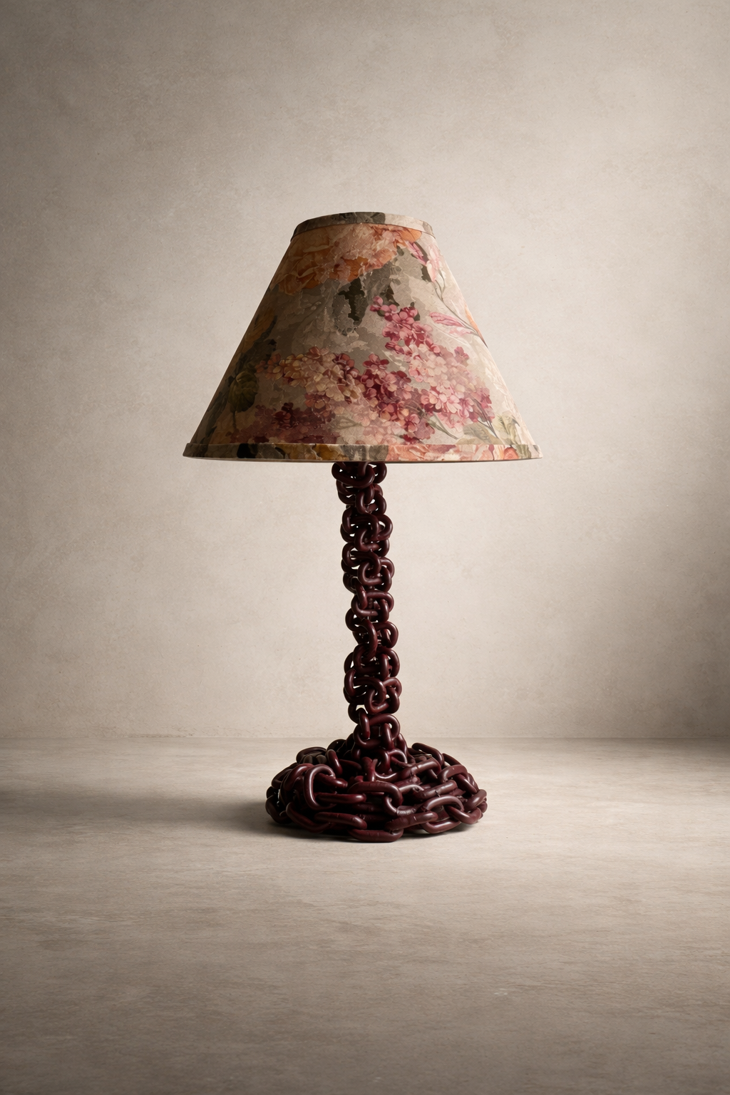 Offset Chain Table Lamp in Merlot with plain floral shade, bent in straight up position..