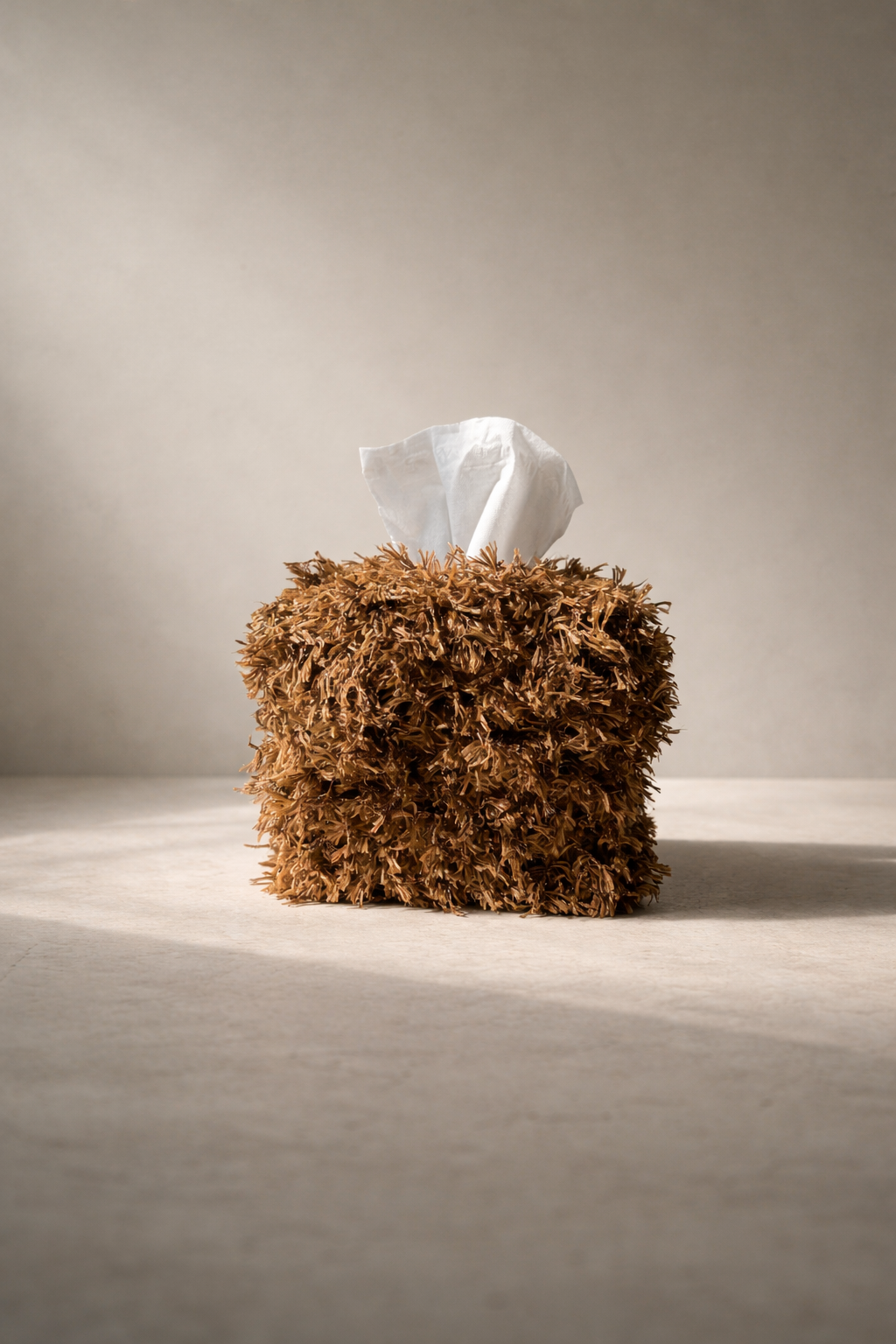 Chestnut teddy fabric tissue box cover, soft sculptural handcrafted design accent.