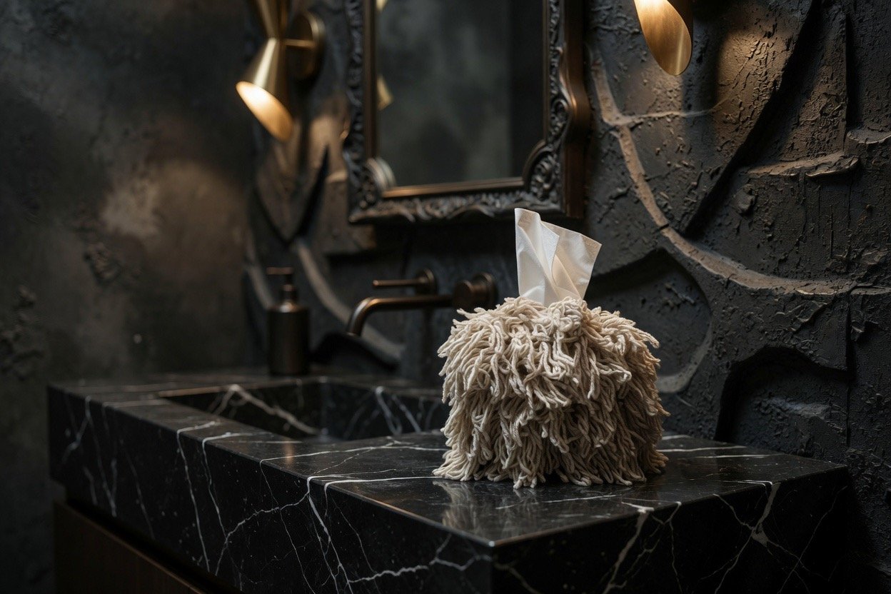 Cream cotton loop fringe tissue box cover by Amber Renee Hansen, handmade sculptural home object in soft neutral tone