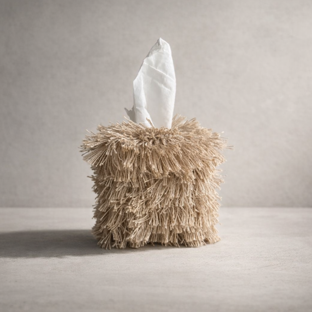 Wind-Blown Wheat fringe tissue box cover with layered wheat-toned fringe in an editorial studio setting