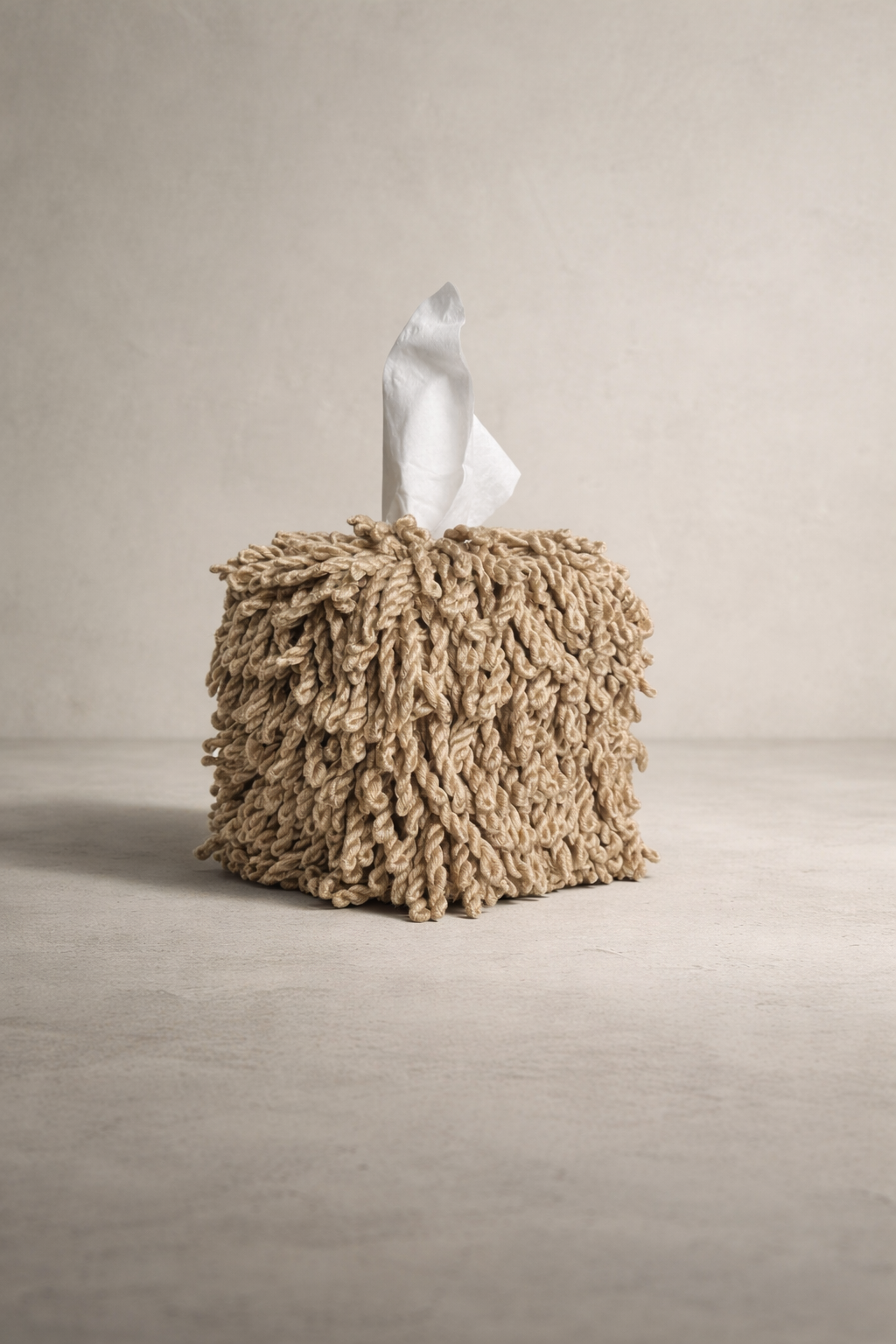 Fringe Tissue Box Cover in Wild Khaki twisted fringe, designed by Amber Renee Hansen.