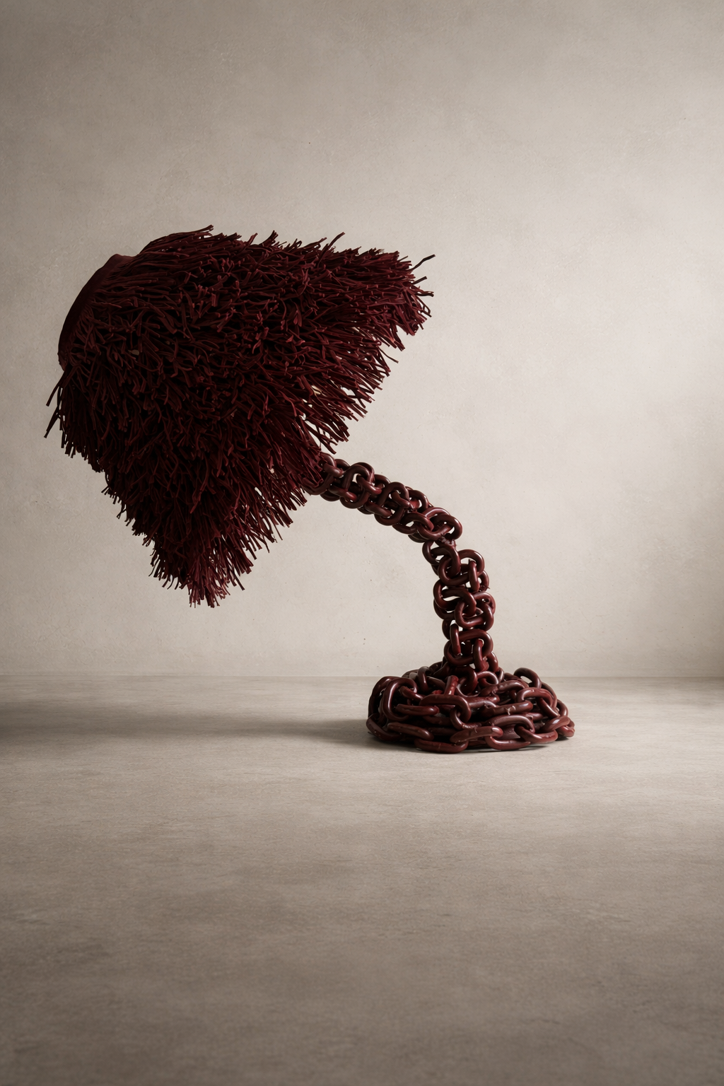 Offset Chain Table Lamp in Merlot with fully fringe-wrapped shade, bent in an offset position.