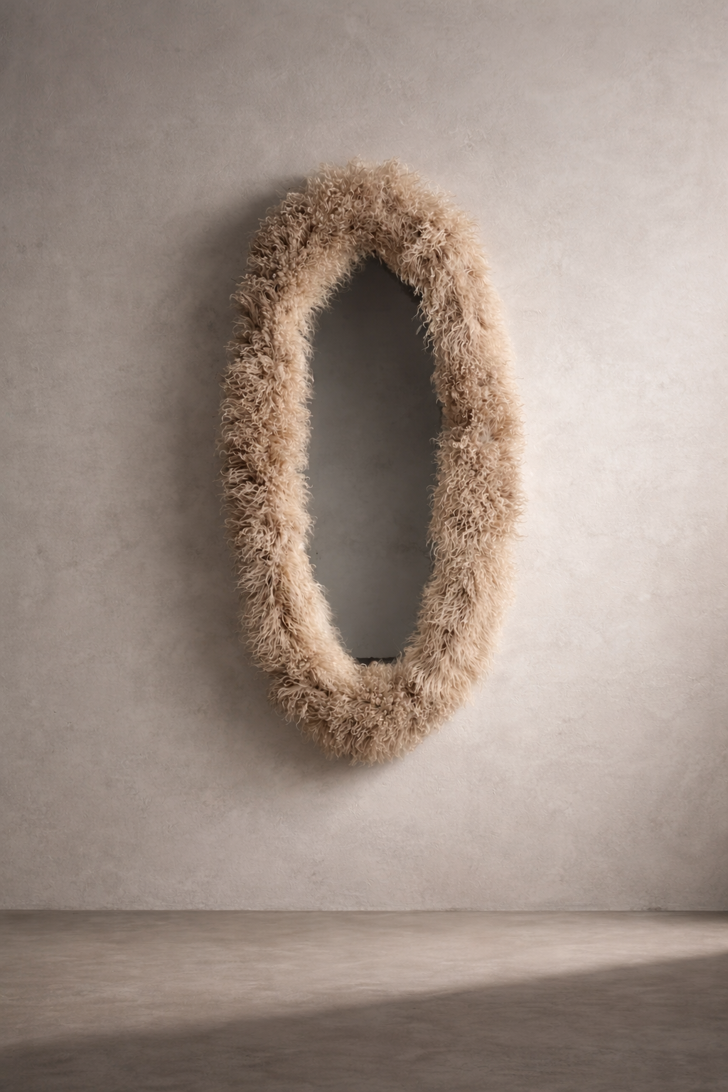 Capsule-shaped wall mirror wrapped in Mongolian lamb sheepskin with elongated vertical form