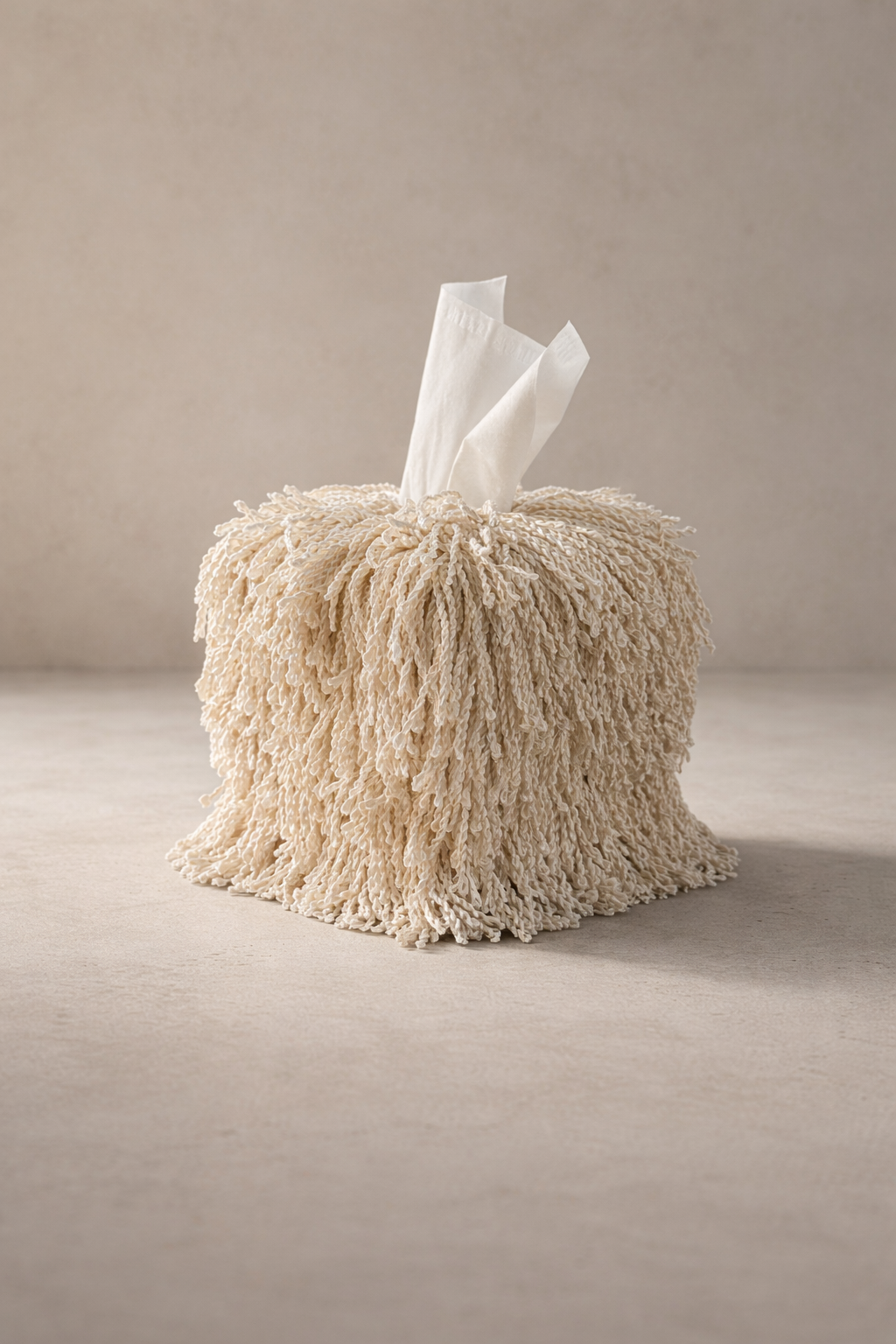 Fringe tissue box cover in pearled cream, handcrafted luxury décor by Amber Renee Hansen.