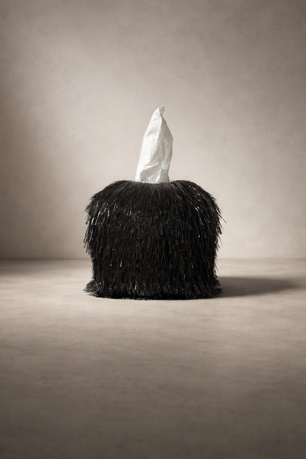 Black Static tinsel fringe tissue box cover with sculptural architectural texture