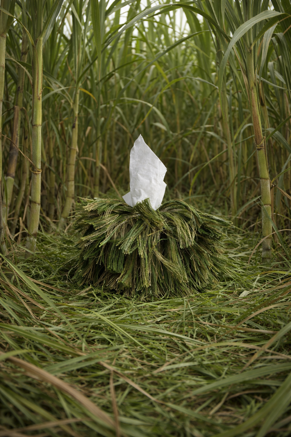 Rooted limited edition sculptural fringe tissue box cover by Amber Renee Hansen featuring layered tonal green textile fringe and textured grass-inspired surface.