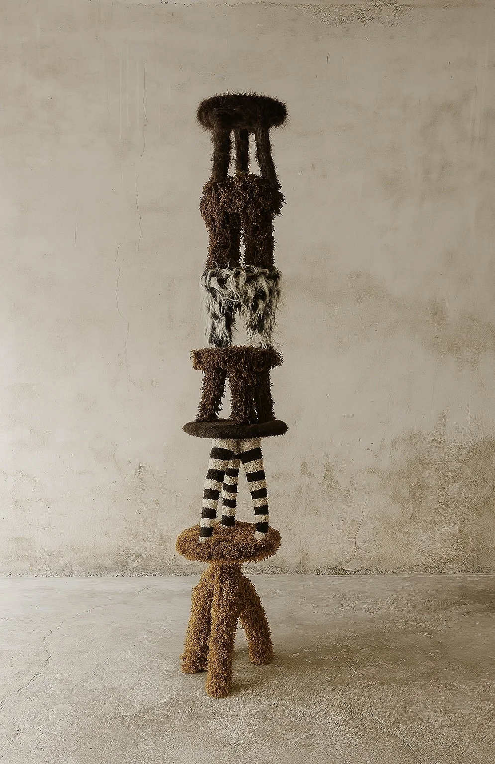 Feral Fur Stool – sculptural black and ivory shag stool with four-leg base by Amber Renee Hansen, collectible design object for modern interiors