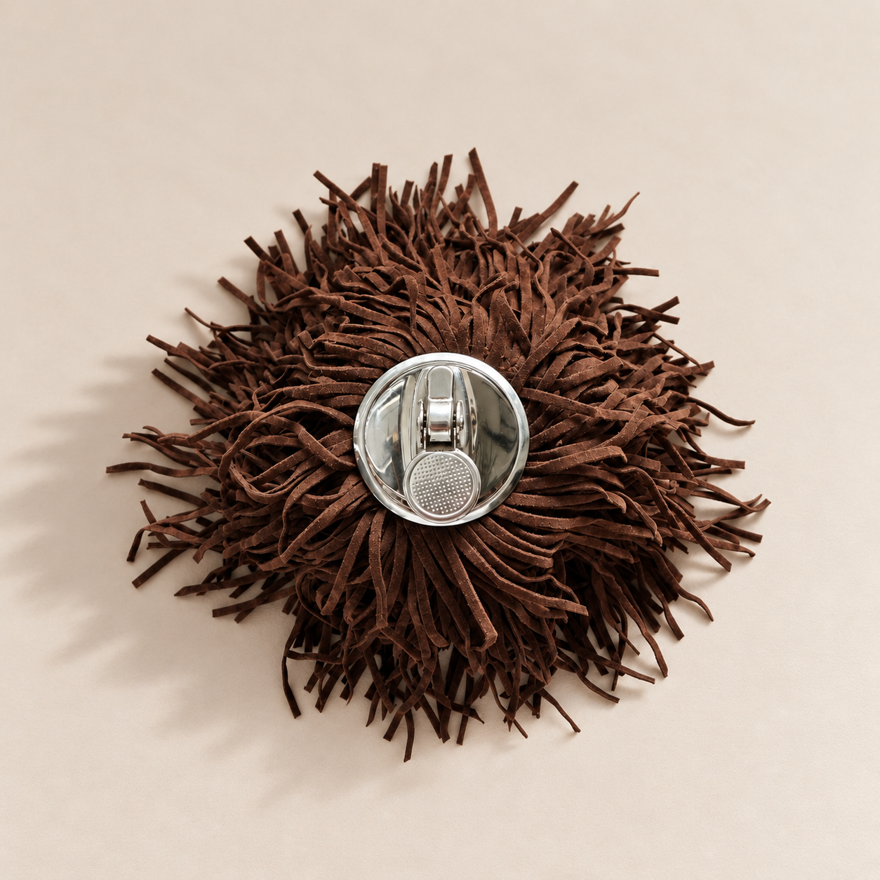 Vintage onyx lighter with aged metal hardware and cascading espresso brown fringe, reinvigorated as a one-of-a-kind decorative object by Amber Renee Hansen.