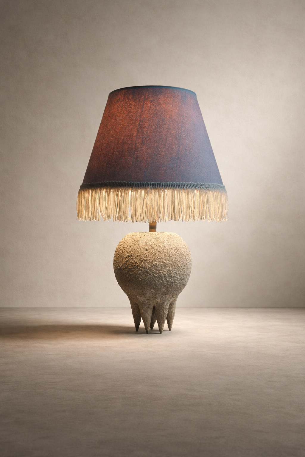 Spiked fringe table lamp with creamy matte ceramic base and sculptural spikes, hand painted by Amber Renee Hansen