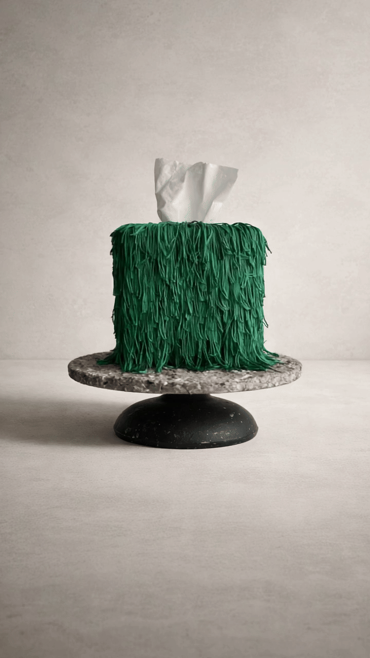 Studio Green fringe tissue box cover Spill Edit with refined sheen and controlled texture photographed in a minimal editorial studio setting