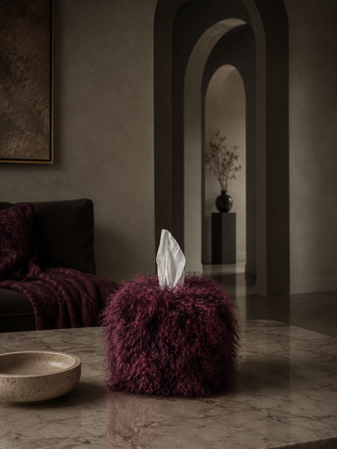 Mulberry Reserve Mongolian Lamb Tissue Box Cover in a deep wine-inspired mulberry hue with luxurious curly fleece.