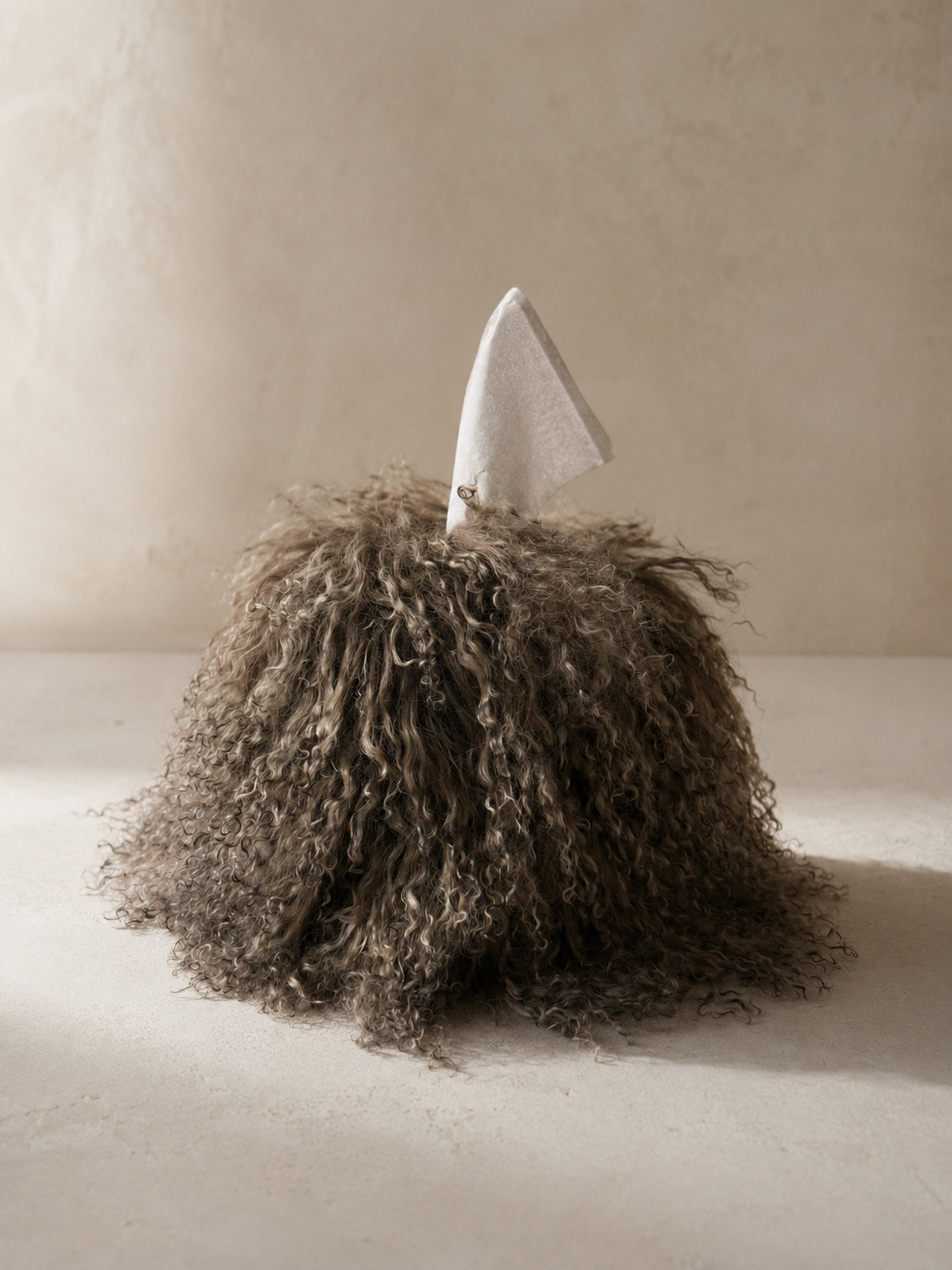 Woodland & Ash Mongolian lamb tissue box cover by Amber Renee Hansen, featuring long natural curls in layered ash, taupe, warm brown, and soft cream tones for textural, design-forward interiors.