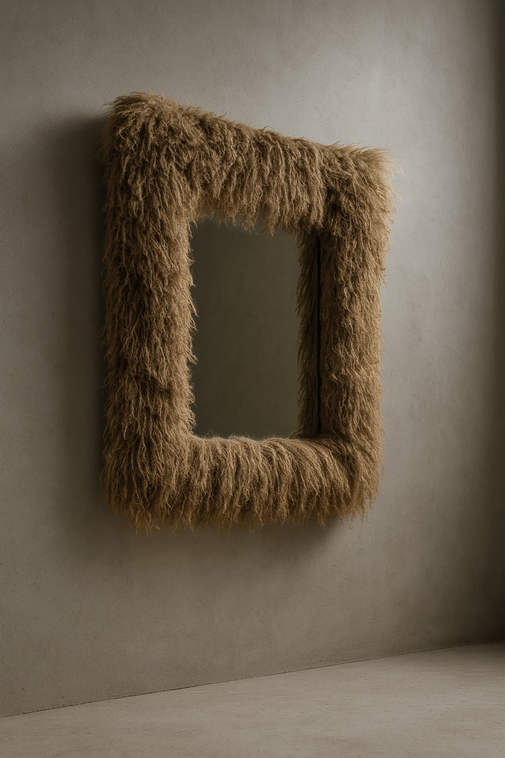 Mongolian lamb sheepskin mirror in Miso — a warm, textural beige tone styled against a plaster wall with soft natural light.