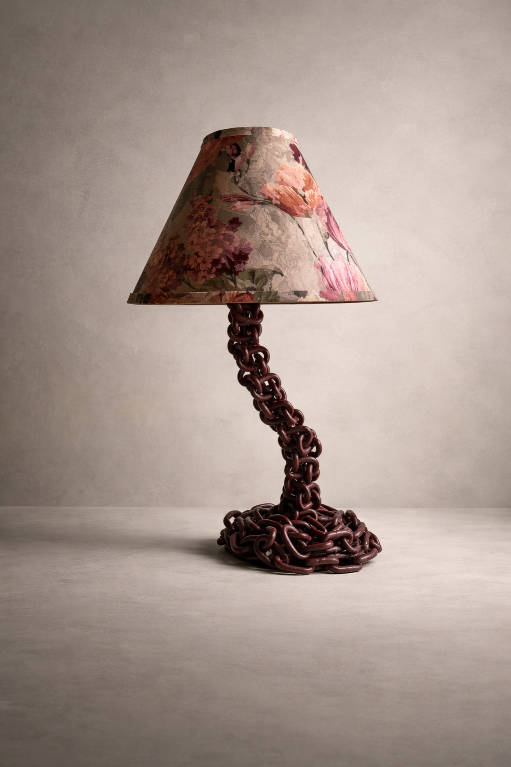 Offset Chain Table Lamp in Merlot with plain floral shade, bent in an offset position.