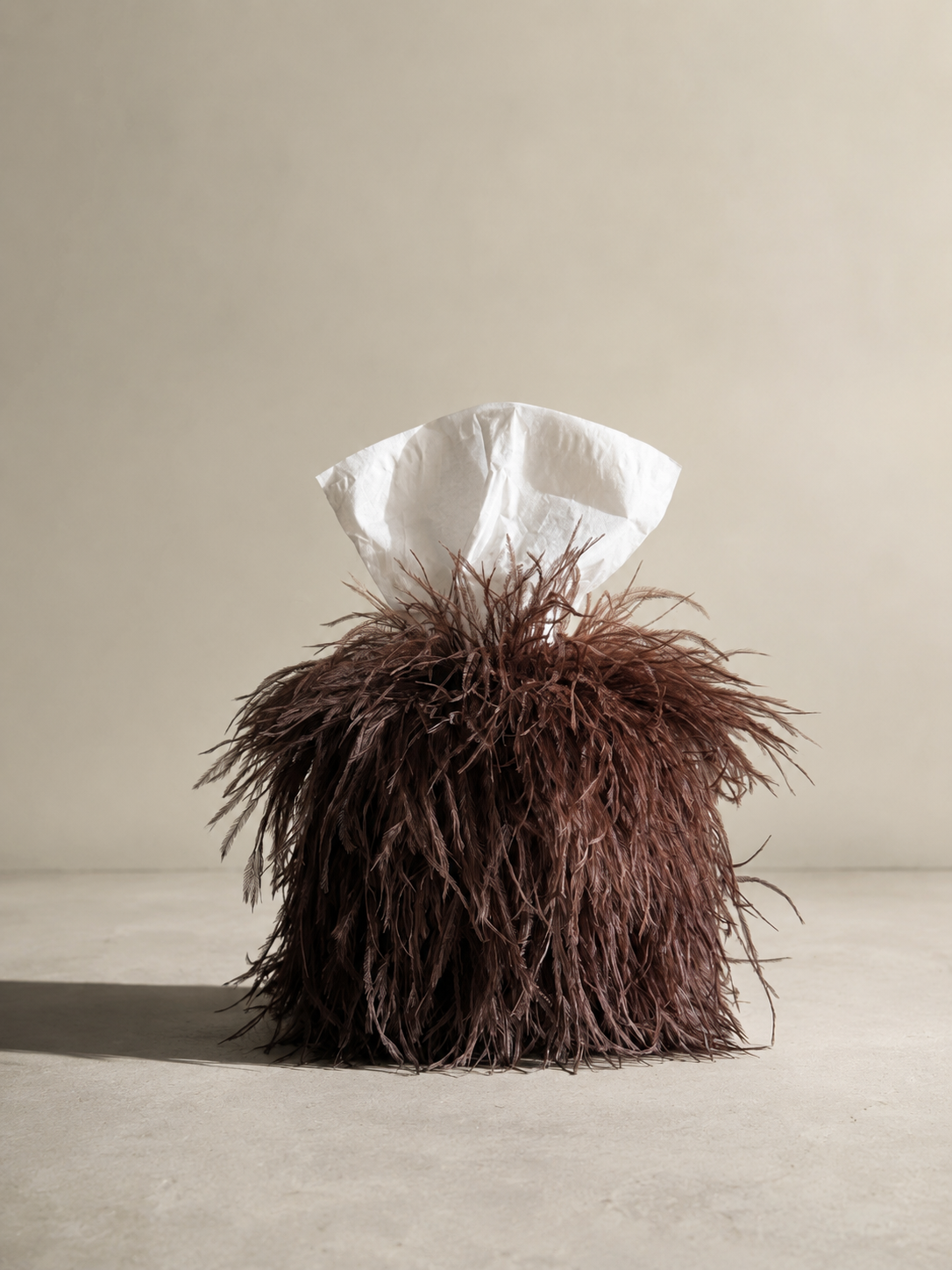 Sable ostrich tissue box cover, a luxurious, sculptural piece of collectible interior design.