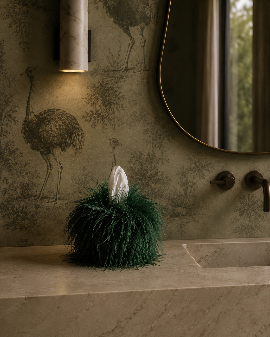 Viridian ostrich feather tissue box cover handcrafted with genuine green ostrich feathers in a minimalist editorial setting.
