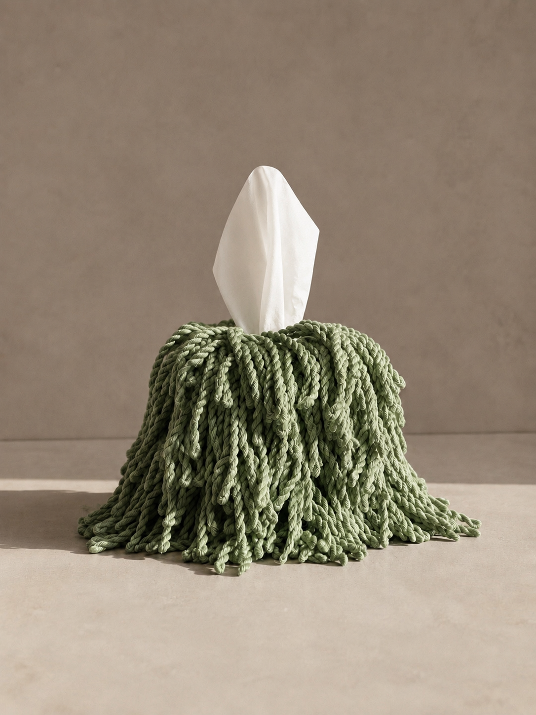 Pistachio fringe tissue box cover placed on a neutral surface, showcasing the soft bullion fringe and understated design.