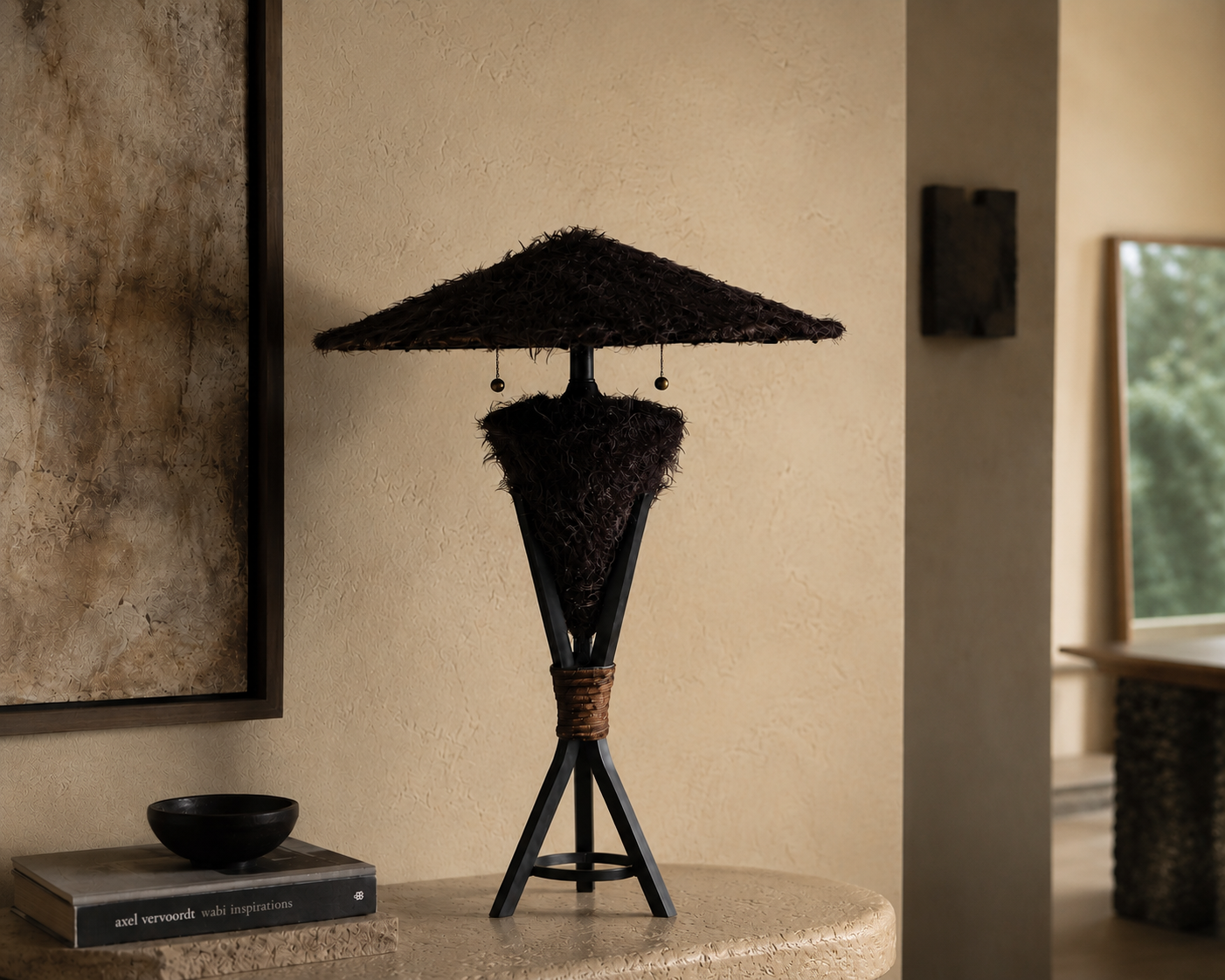 Triphora sculptural table lamp by Amber Renee Hansen with a deep brown faux fur amphora form and wide faux fur shade, black tripod frame, and wrapped cord detail.