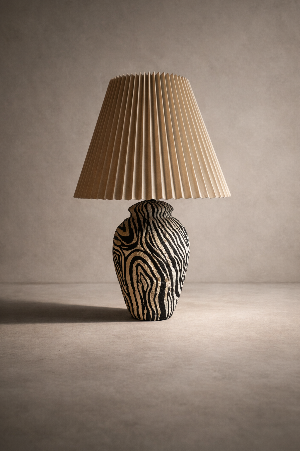 Fluidity Lamp with pleated shade — hand-finished neutral table lamp, 21 inches tall