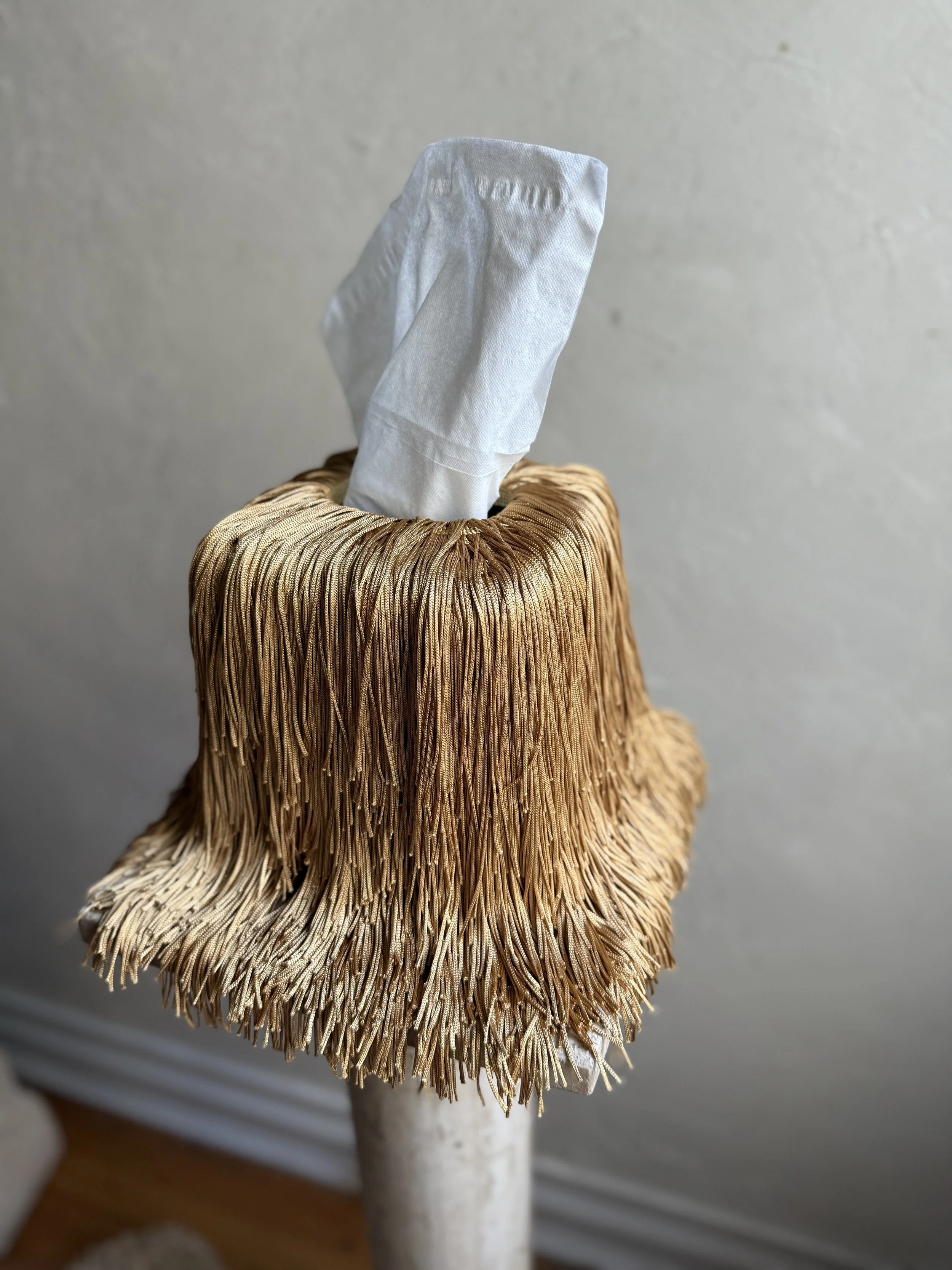 Golden amber fringe tissue box cover, spill edit design, collectible handcrafted interior accent.