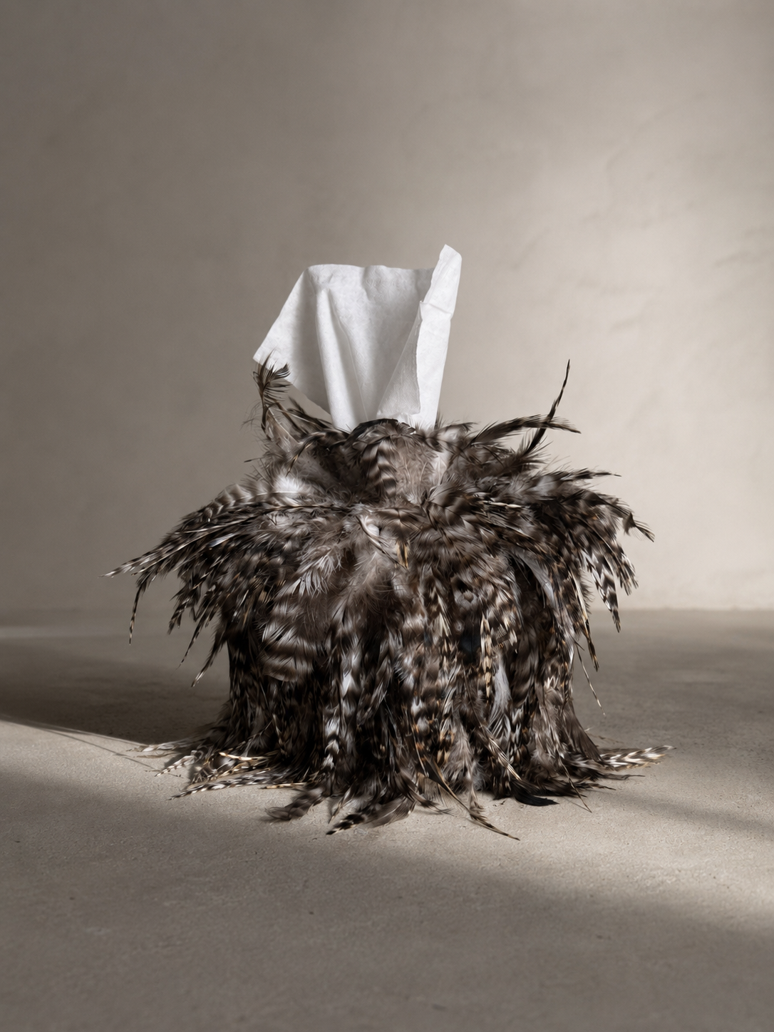Hackle feather tissue box cover with a story of connection to fly fishing.