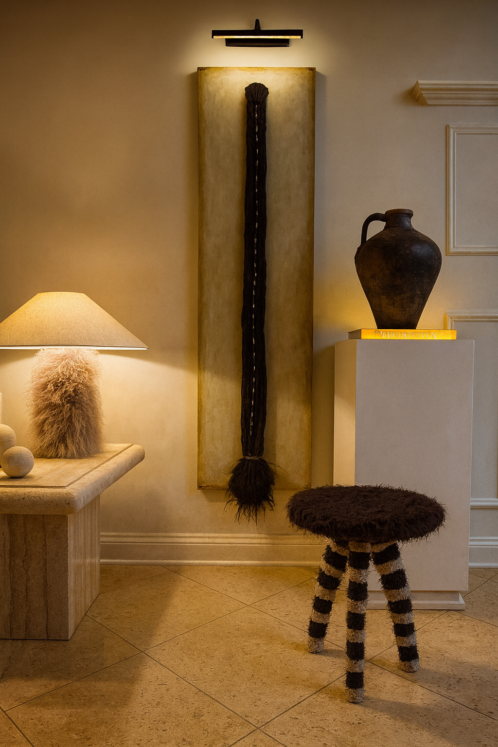 Side profile of the Striped Bouclé Teddy Side Table highlighting the soft faux fur top and textured bouclé stripes.