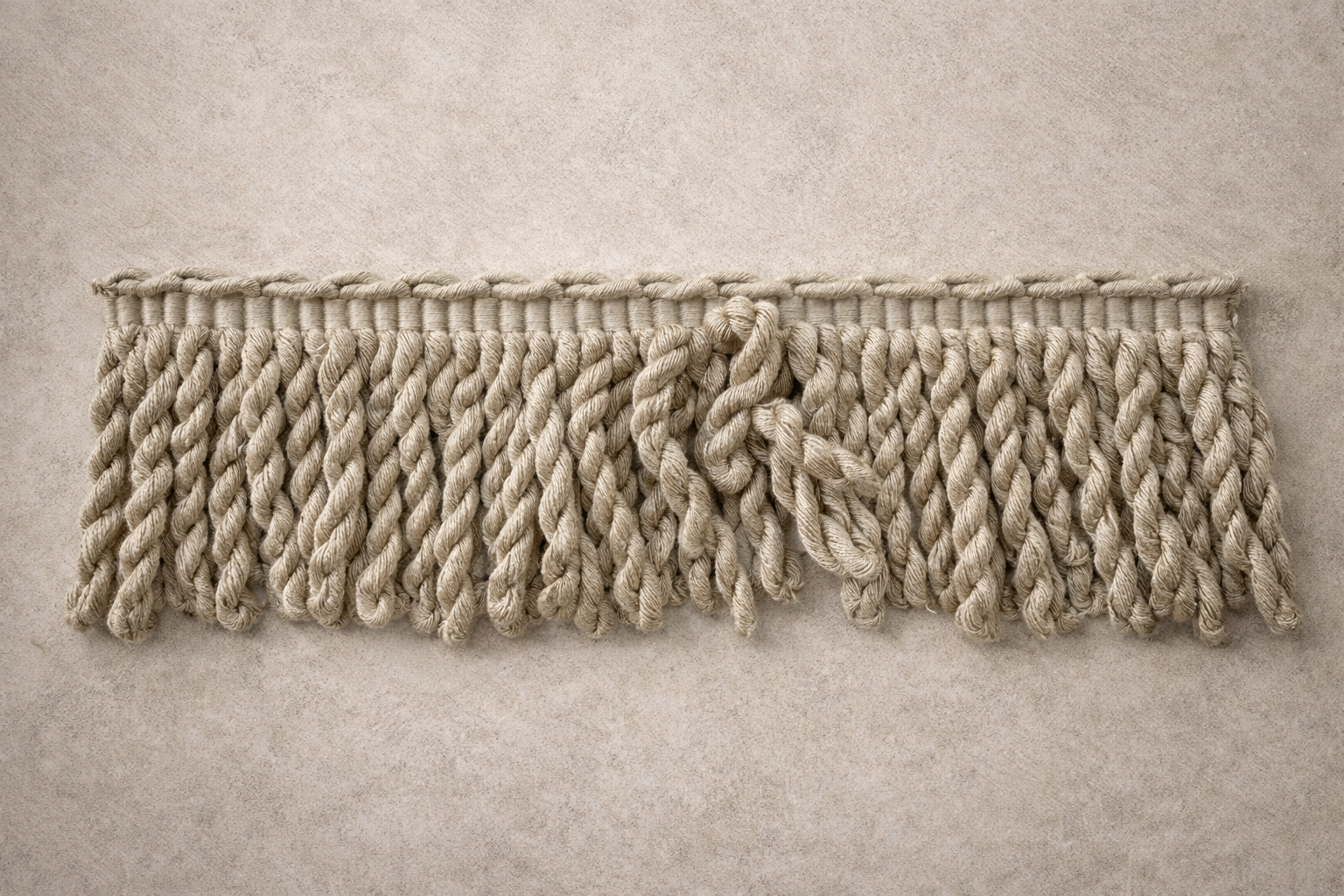 Fringe Tissue Box Cover in Wild Khaki twisted fringe, designed by Amber Renee Hansen.