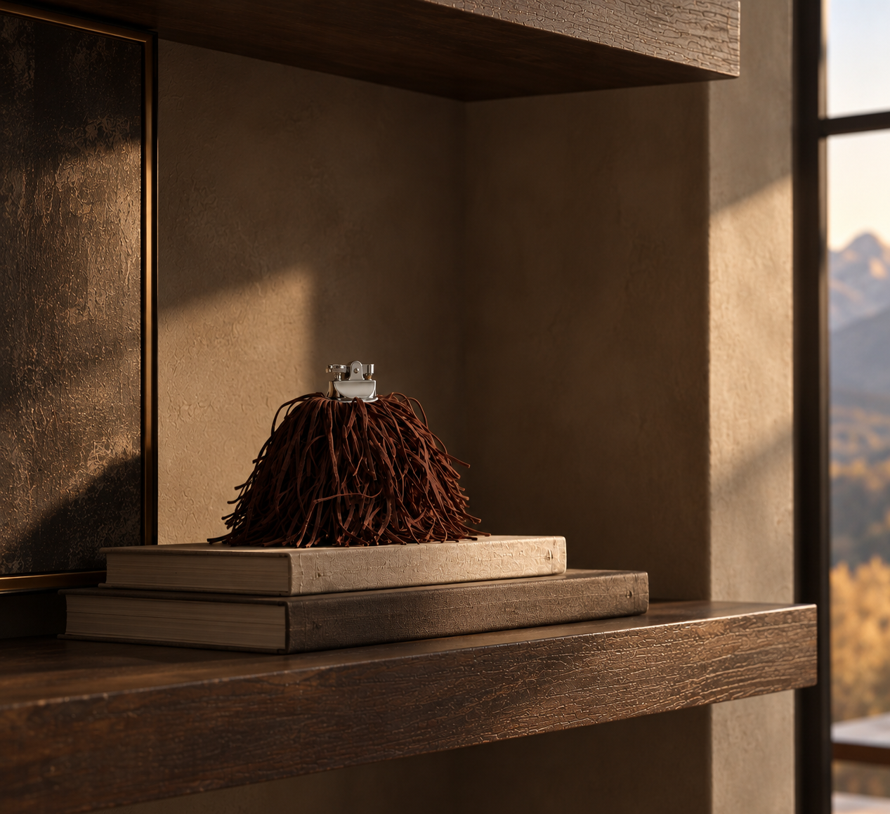Vintage onyx lighter with aged metal hardware and cascading espresso brown fringe, reinvigorated as a one-of-a-kind decorative object by Amber Renee Hansen.