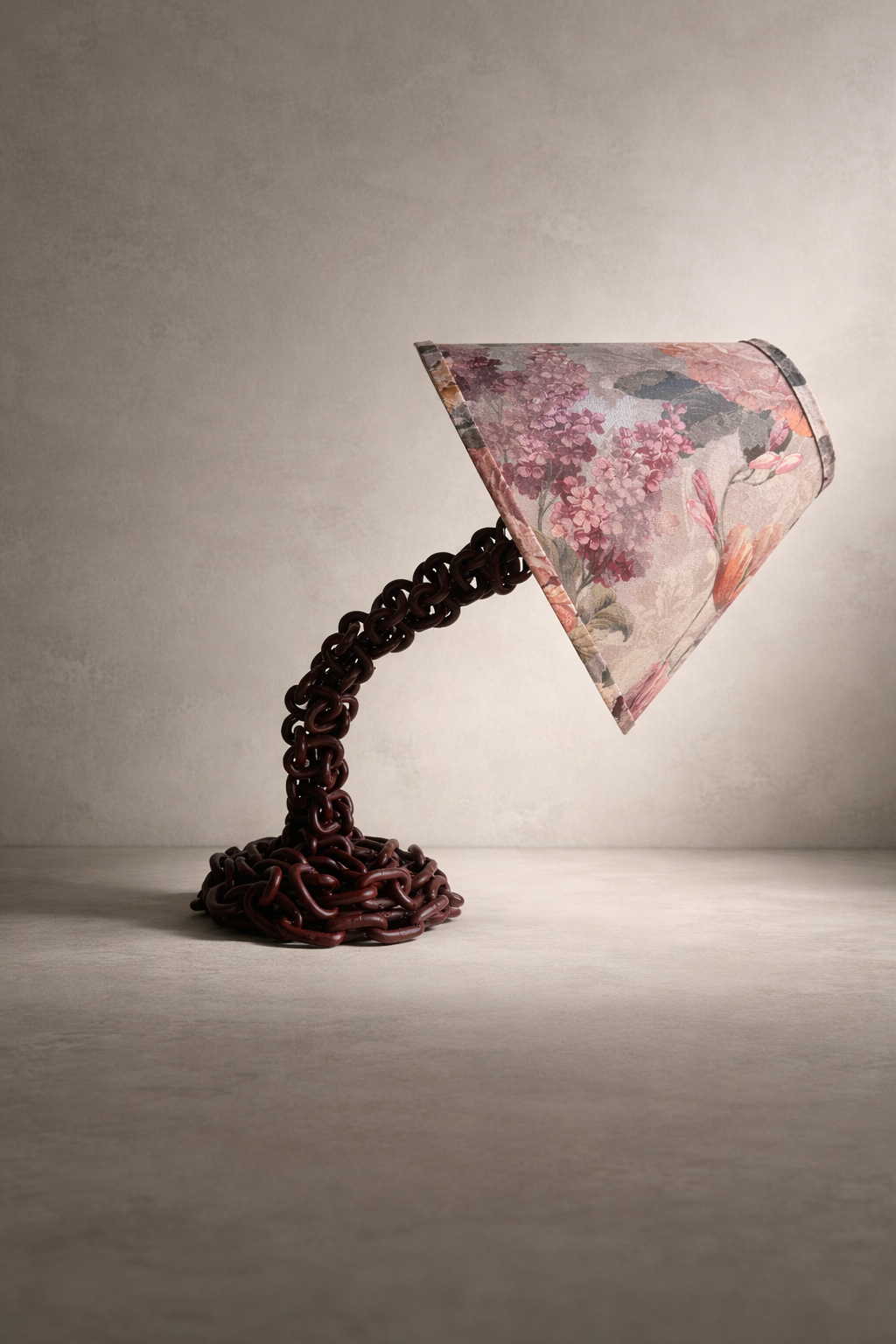 Offset Chain Table Lamp in Merlot with plain floral shade, bent in an offset position.