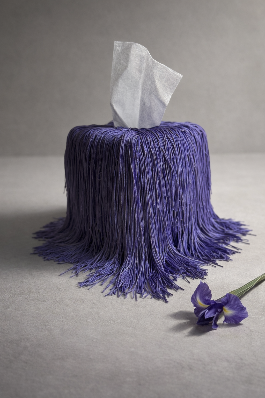 Iris violet fringe tissue box cover with cascading spill fringe by Amber Renee Hansen