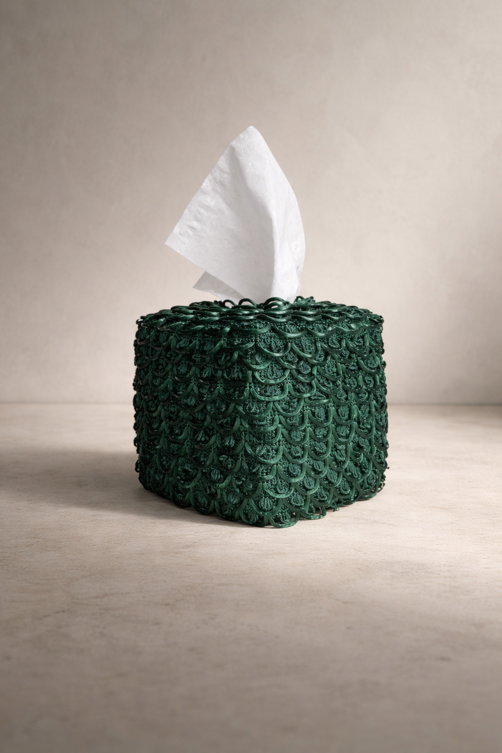 Emerald scale tissue box cover in deep green with overlapping scale pattern
