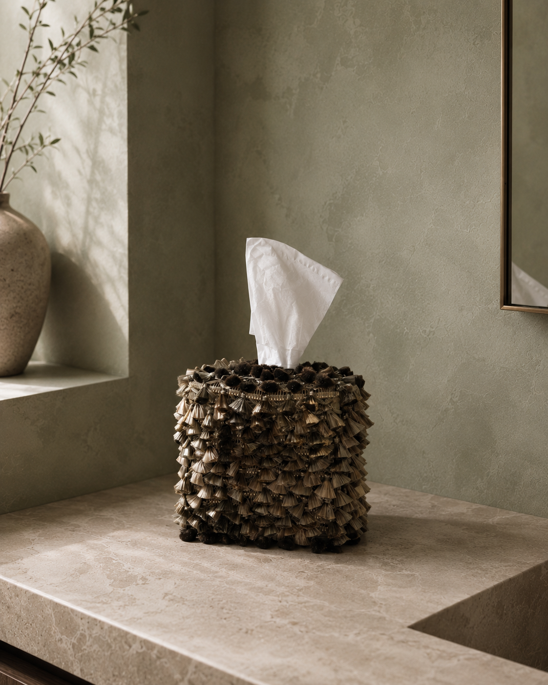 Silver Sage & Shadow Tassel Tissue Box Cover
