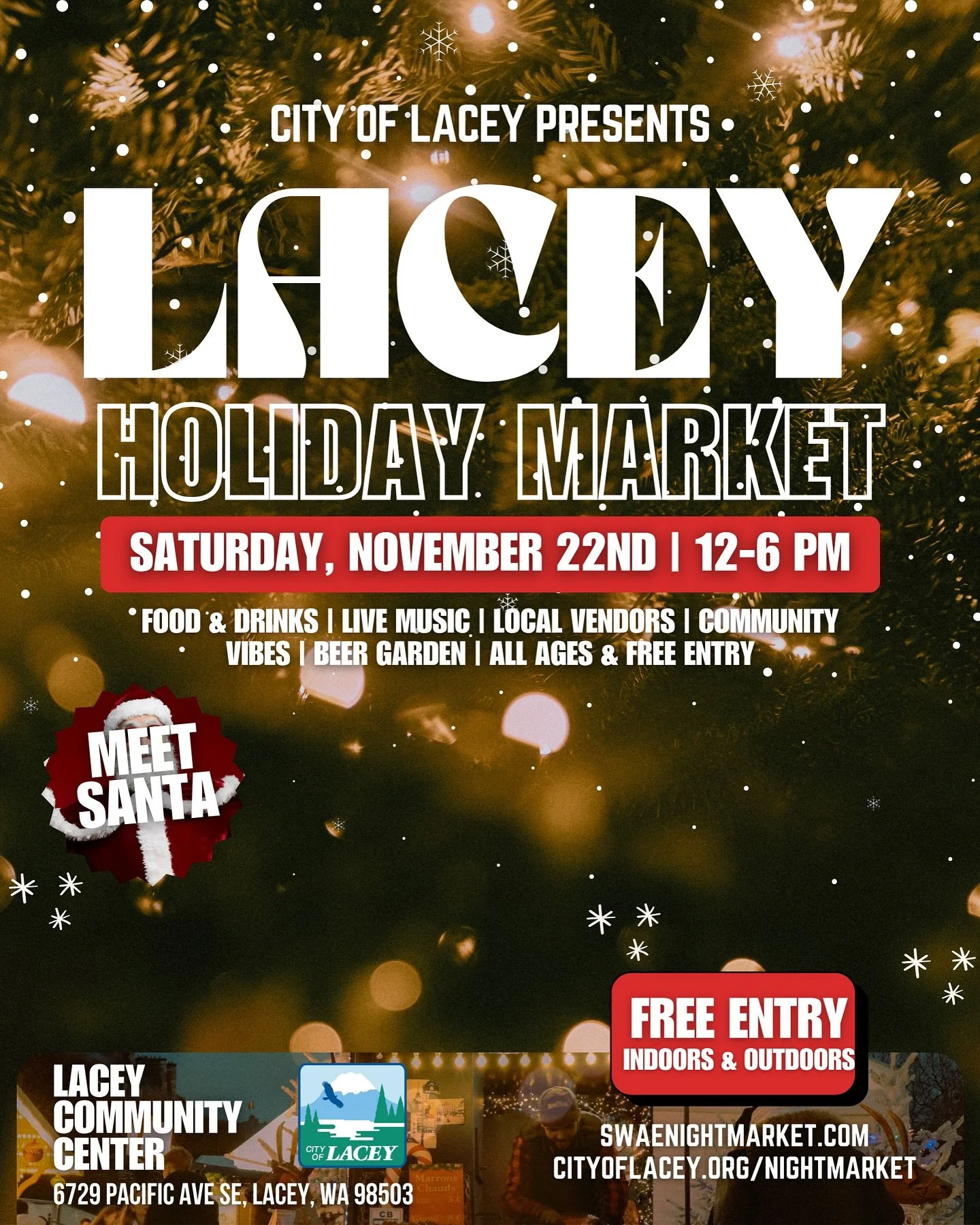 πβ¨ The Lacey Holiday Market is BACK! Presented by the City of Lacey π
Mark those calendars — Saturday, Nov 22 | 12–6 PM at the Lacey Community Center π
πΌ 
We’re bringing ALL the holiday vibes —
πΆ Live DJ + performers
π
?
