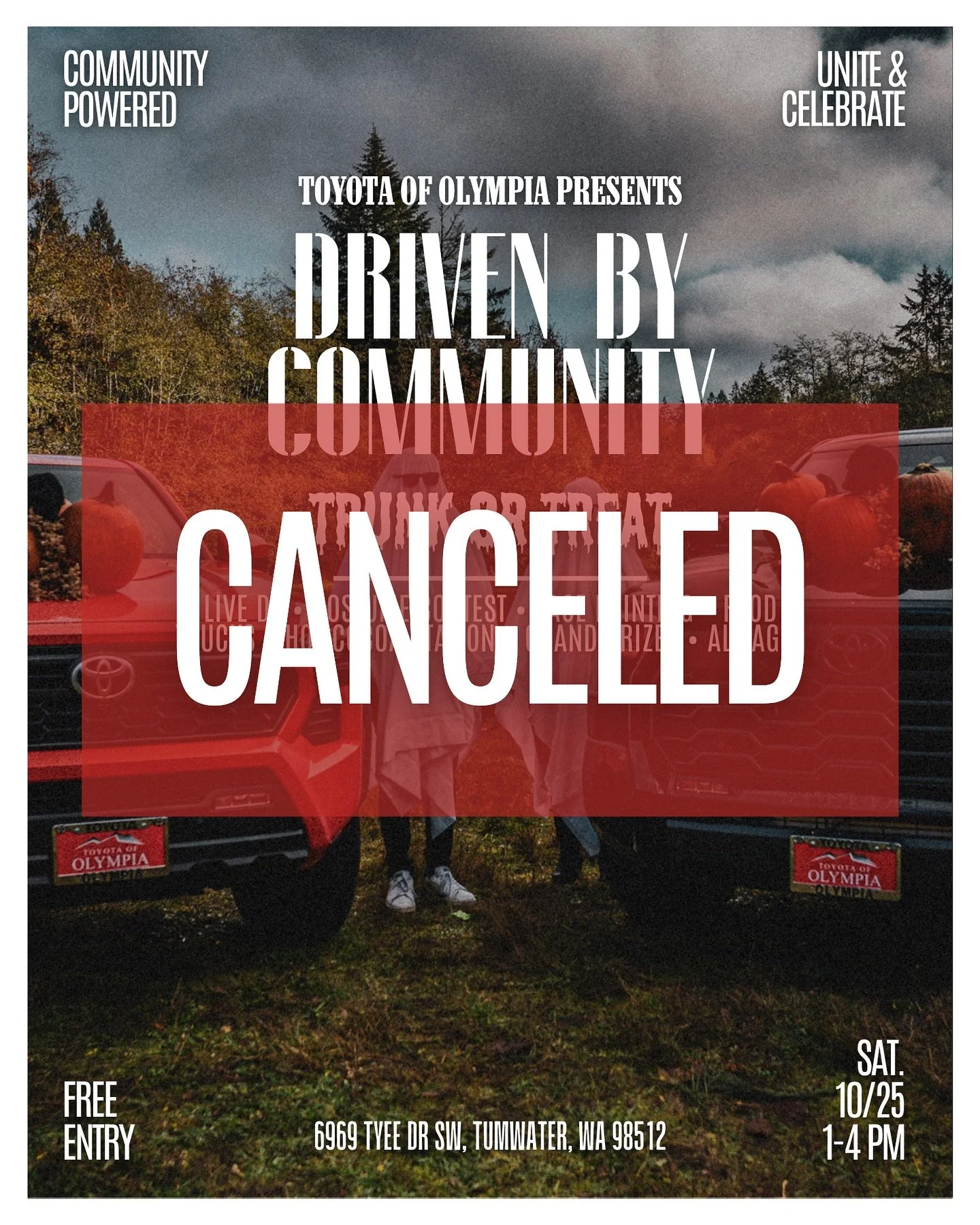 π« EVENT UPDATE π«
Our community, due to the incoming rain this weekend, we’ve made the tough call to cancel the Driven by Community Trunk or Treat originally scheduled for Saturday, Oct 25.
We never want to ask anyone to trunk-or-treat in the