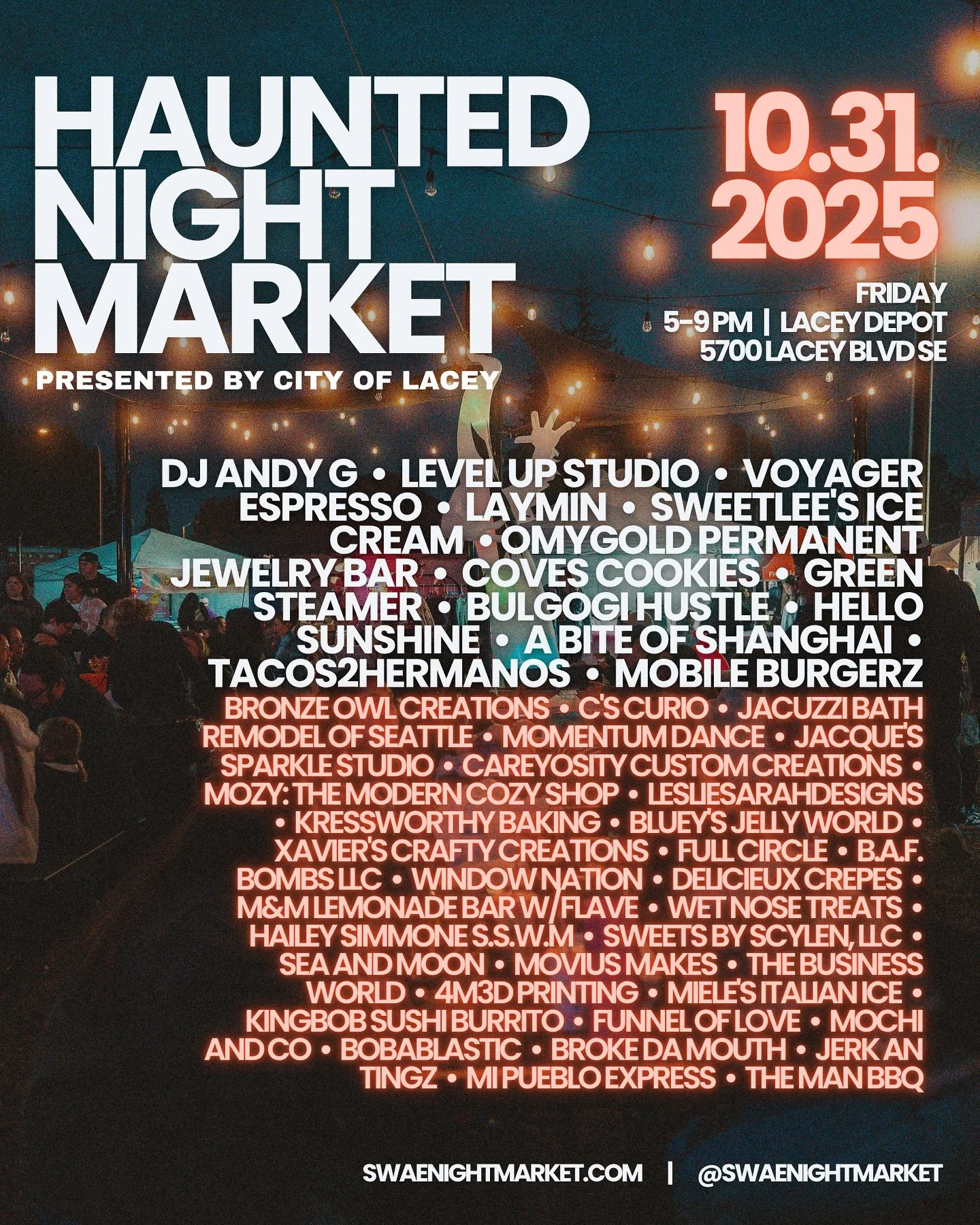 Tomorrow. Halloween night. Season 2 finale. ππ»π₯
Lacey Depot is turning into the HAUNTED NIGHT MARKET and we’re going out with a bang — rain or shine πͺπ§οΈ
Bring the little ones for all-night trick-or-treating, slide through for bomb f