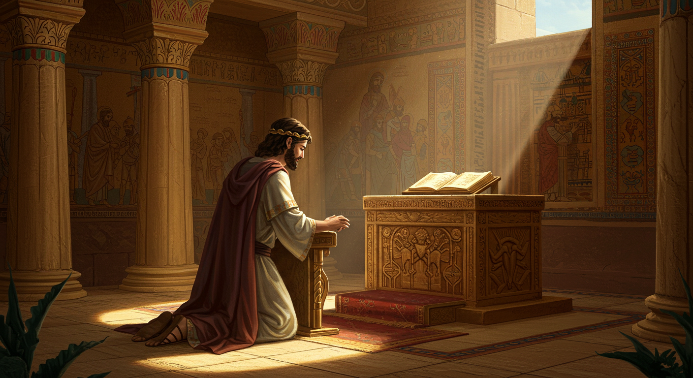 King Solomon prays in the temple for wisdom.