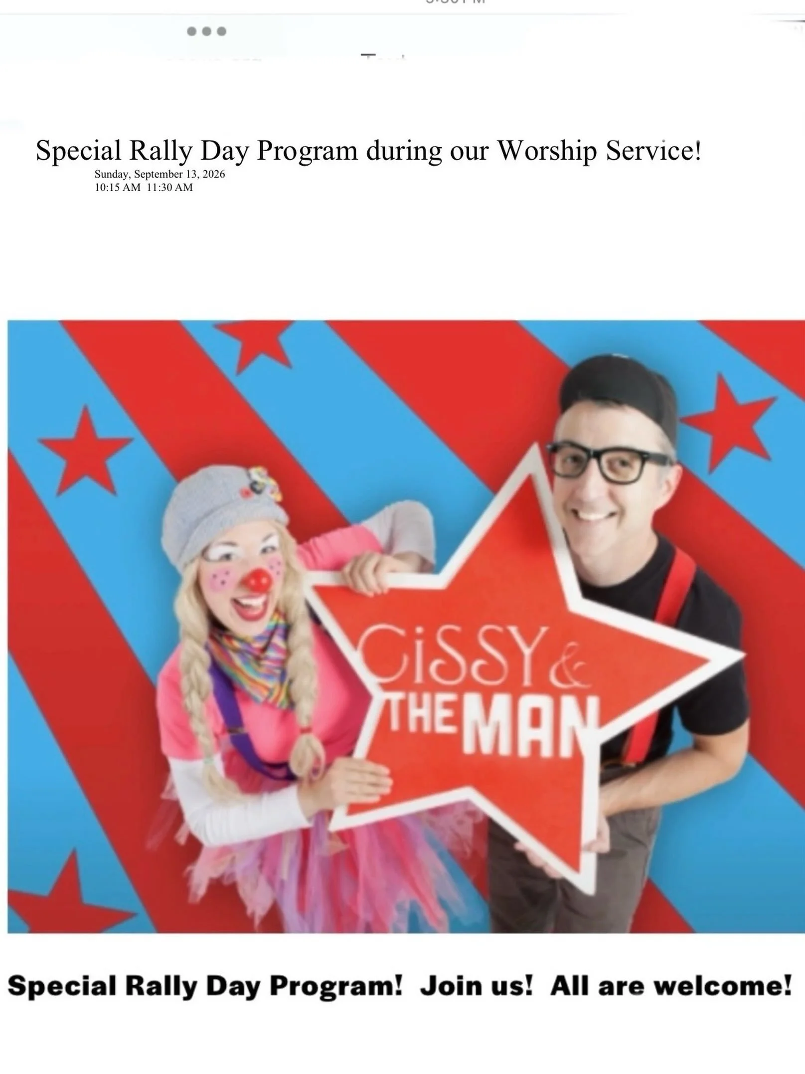 Special Rally Day program during our 10:15 a.m. service!  Everyone is invited to attend! After church during fellowship time, everyone is invited to our covered dish luncheon.  Please bring an appetizer, an entree, or a dessert to share with everyone