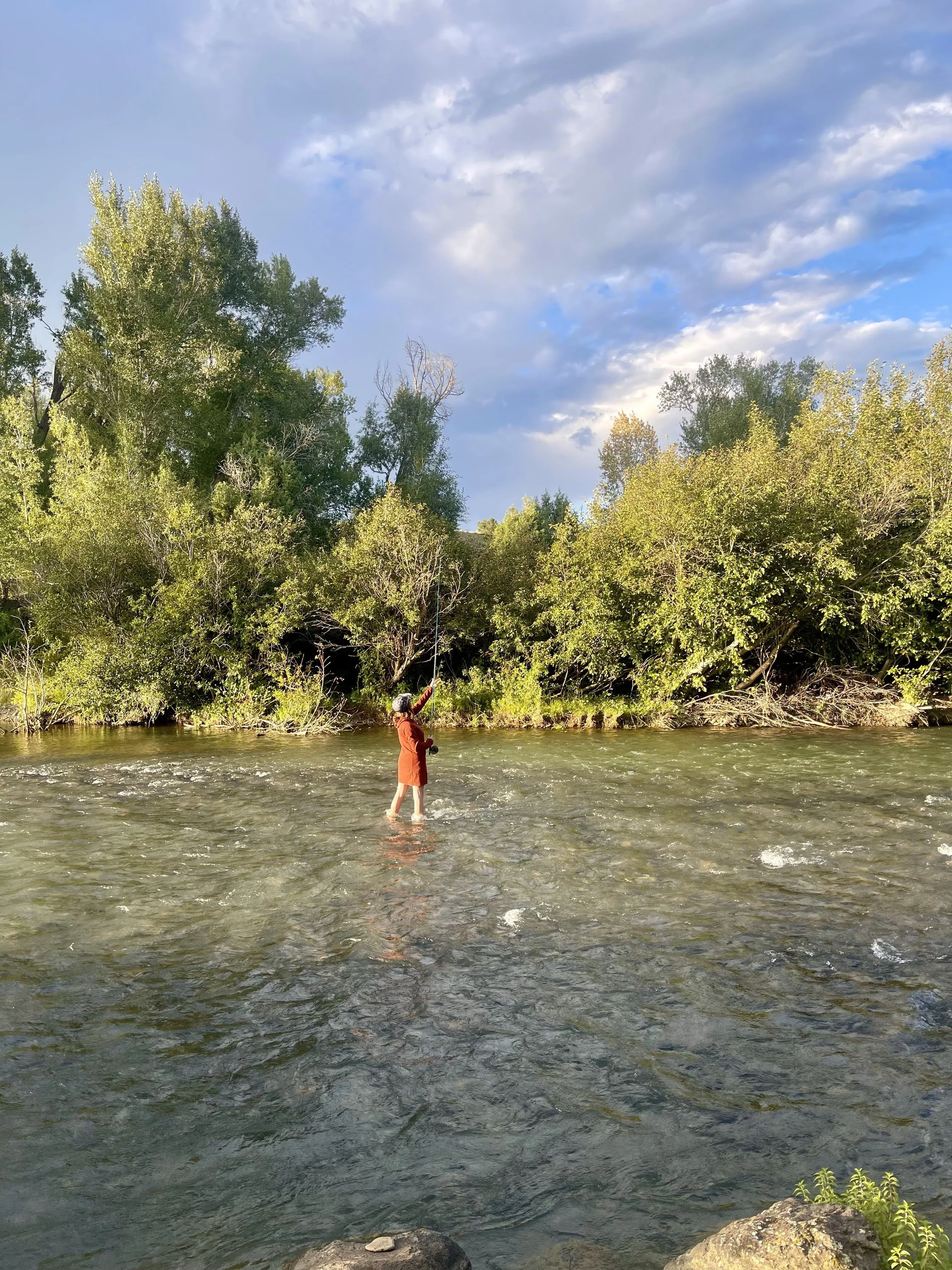 Person fishing in a river with green trees along the banks under a partly cloudy sky.