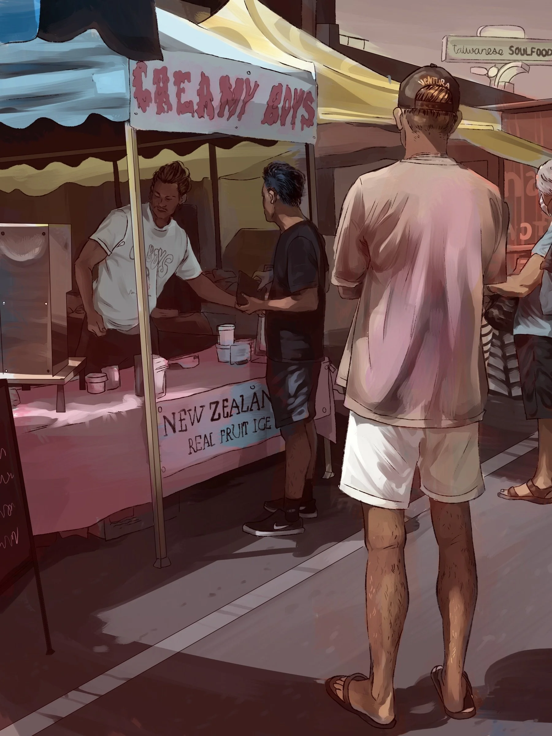From-life illustrations of a farmers market.