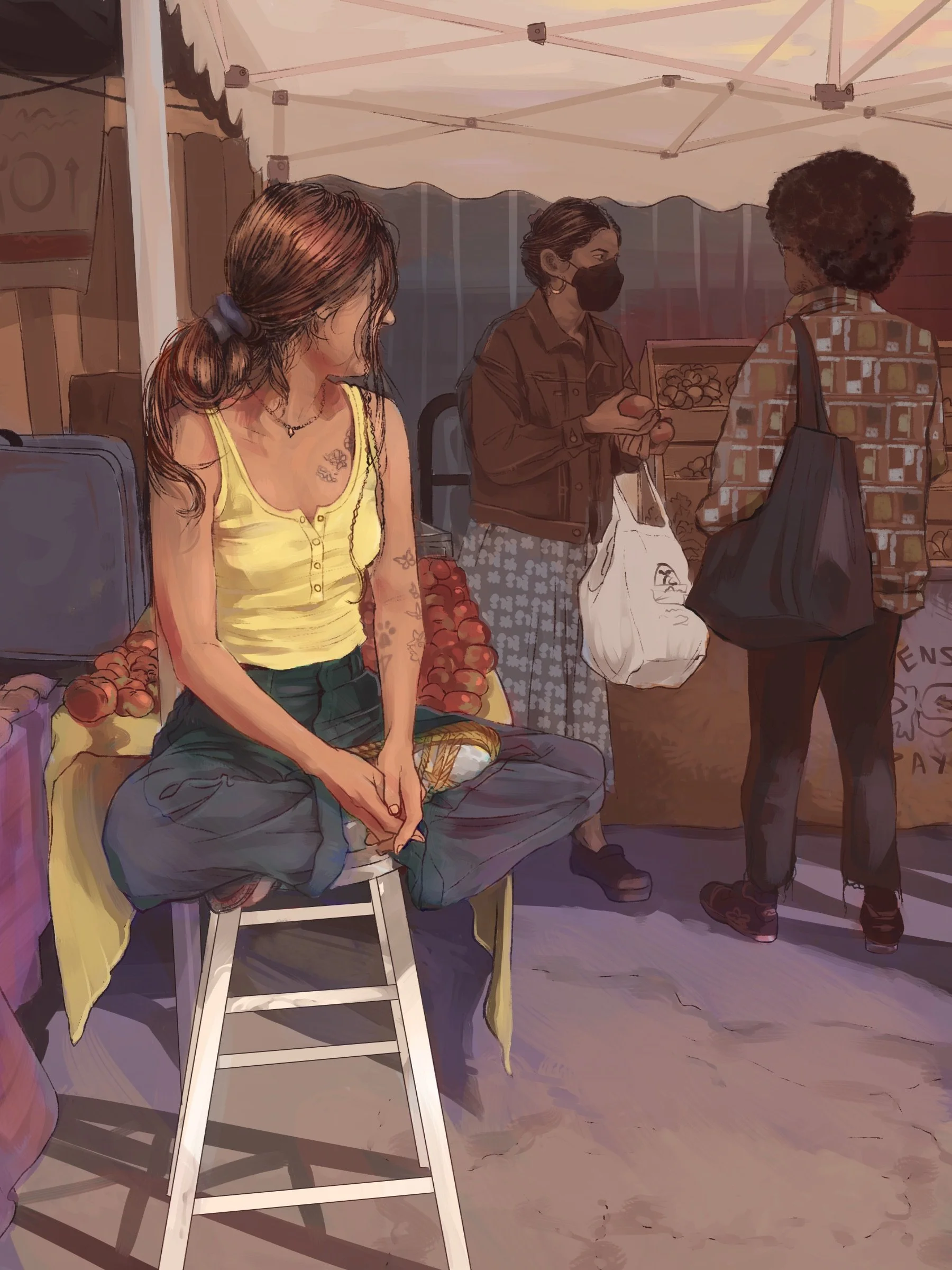 From-life illustrations of a farmers market.