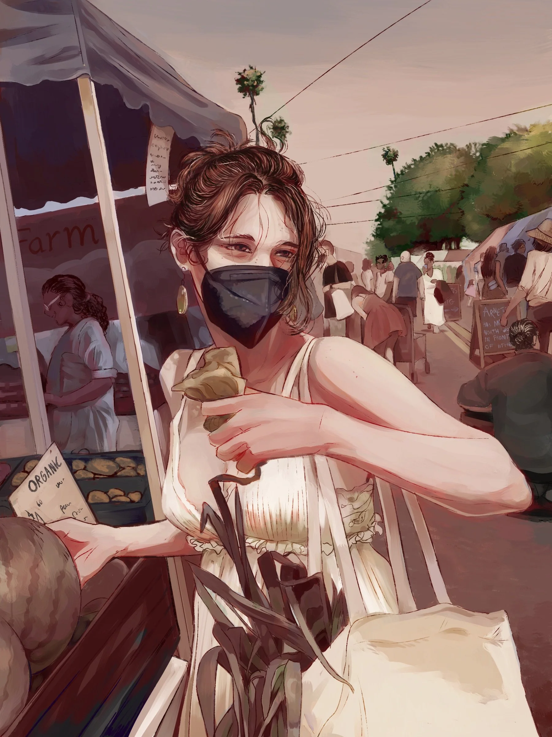 From-life illustrations of a farmers market.