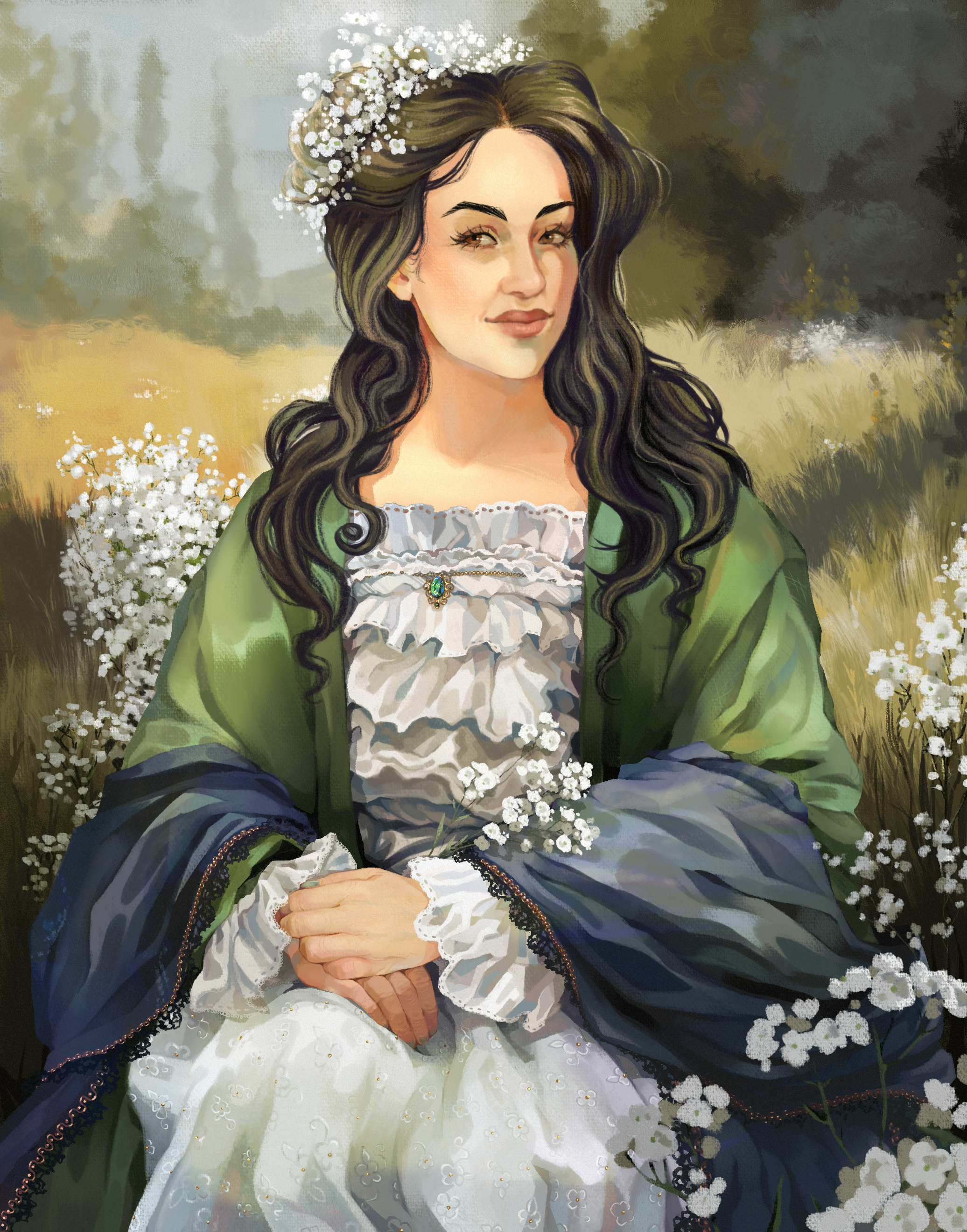 (Commissioned piece) Illustration of a woman in a field with baby breath flowers
