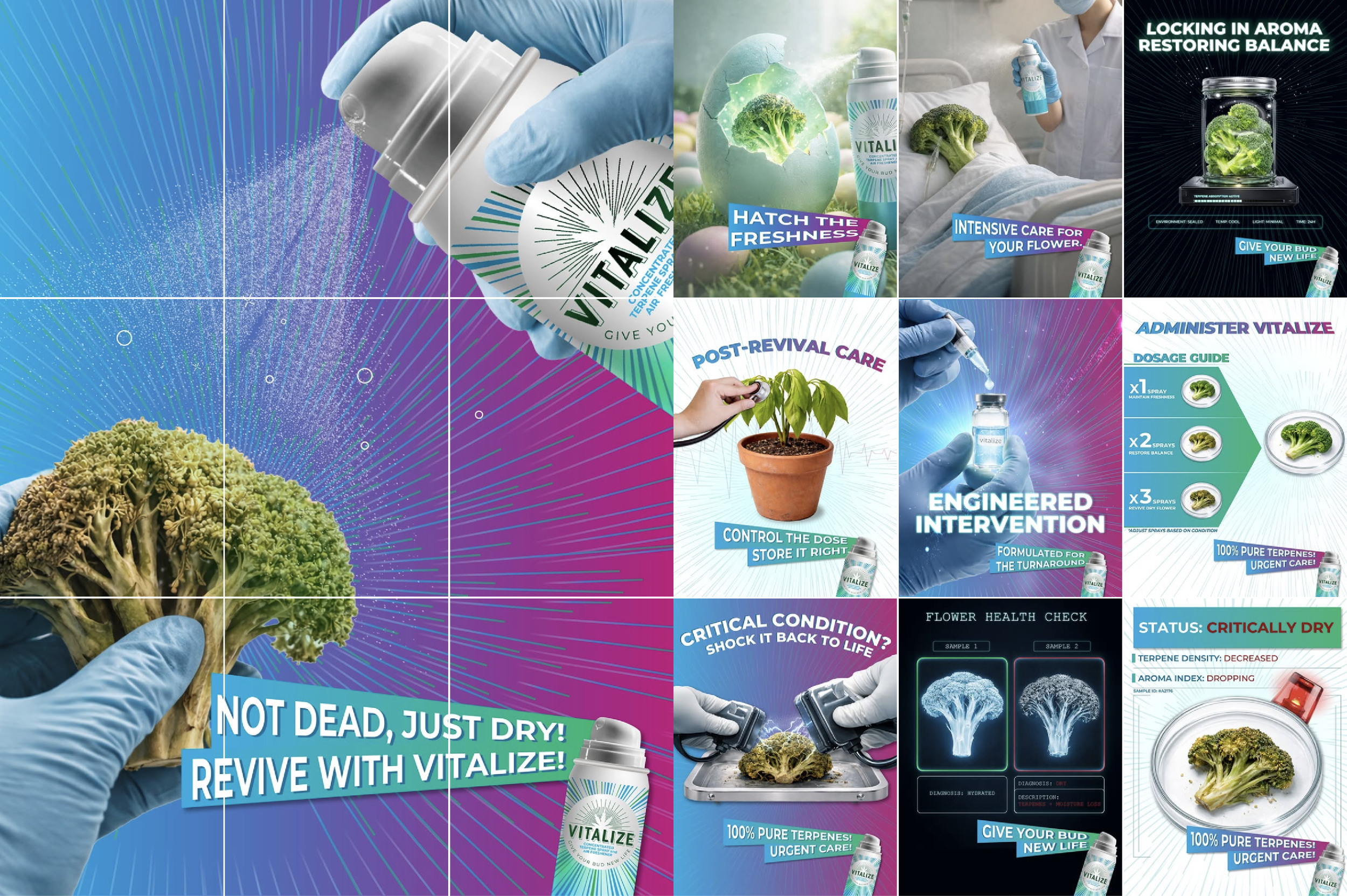 A collage of images promoting Vitalize plant health supplements and their application for plants and flowers. The collage features bottles of Vitalize spray, a hand holding a plant, a woman spraying a flower in a hospital bed, and scientific diagrams of plant health diagnostics.