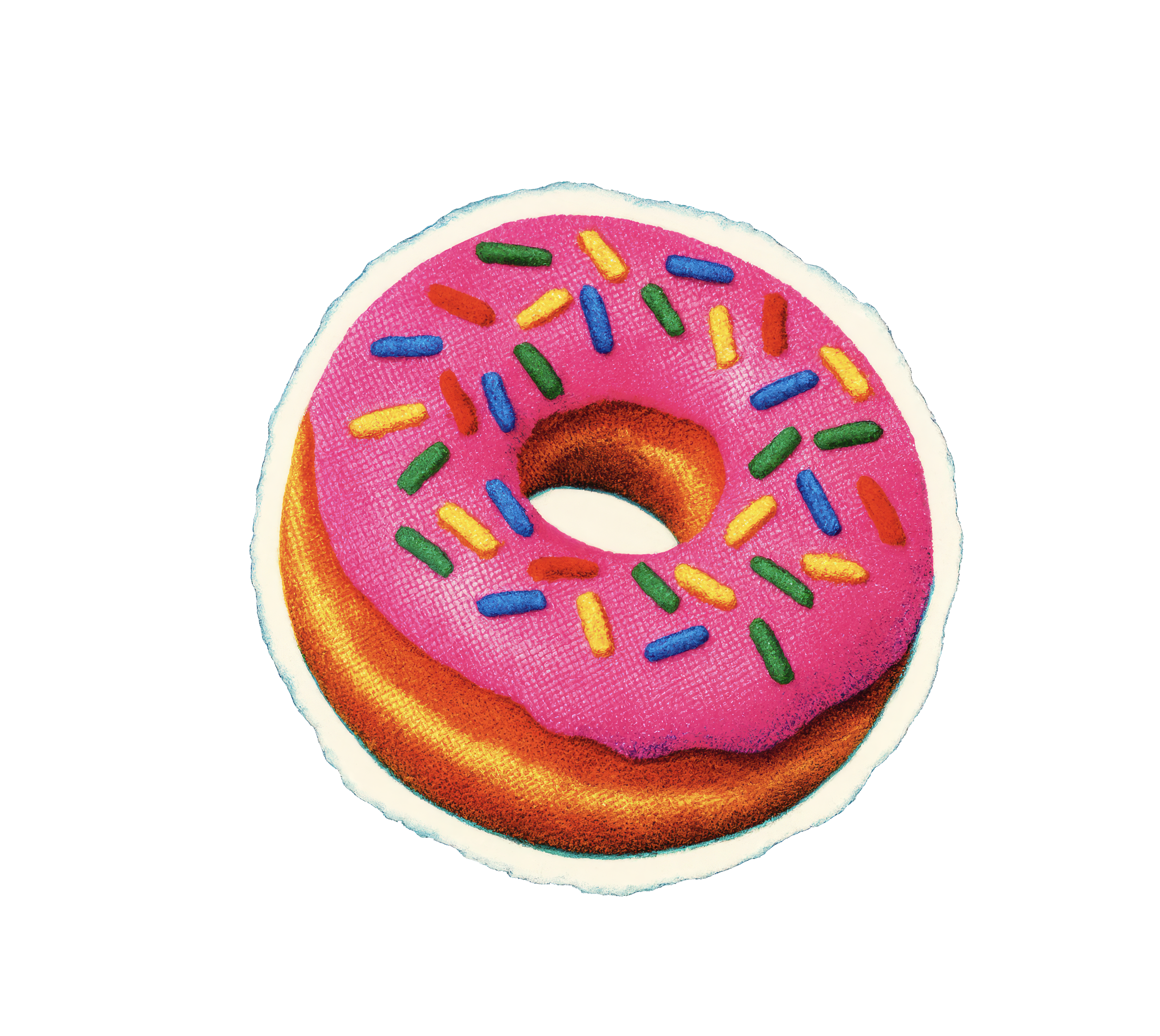 Close-up of a colorful donut with pink frosting, multicolored sprinkles, and a white icing border.